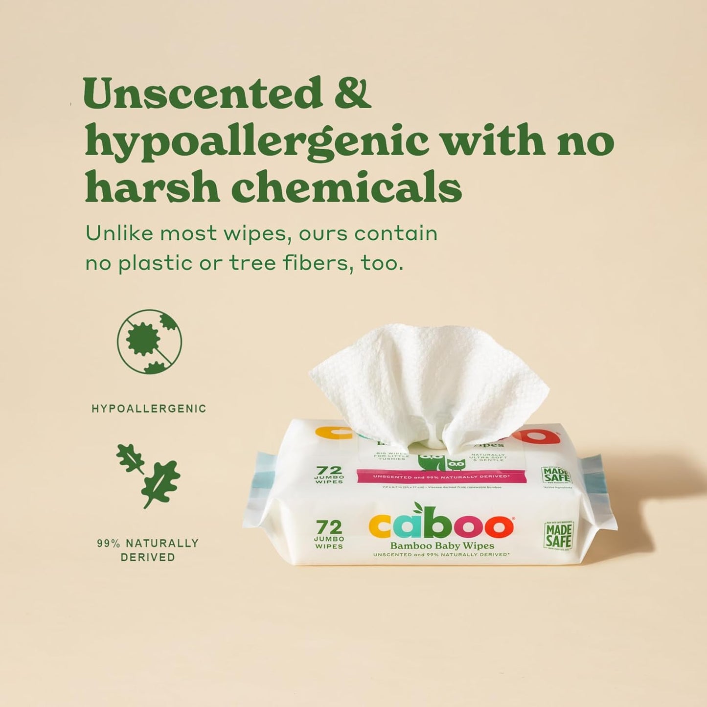 Caboo Baby Wipes, Made with Bamboo Viscose, Certified Made Safe Ingredients, Unscented Baby Wipes Good for Sensitive Skin, 72 Wipes Per Travel Pack, Total of 216 Wet Wipes