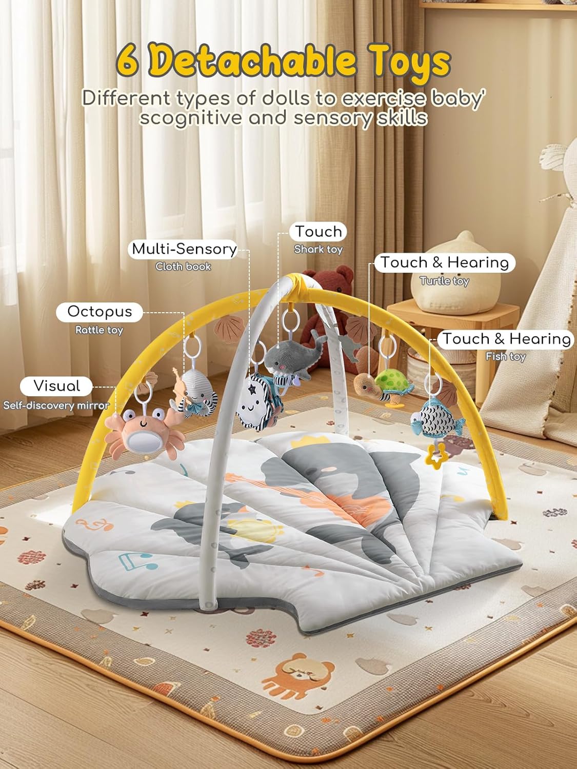 Shell Baby Play Mat, Play Mat for Babies 0-6 6-12 Months, Tummy Time Mat w 6 Detachable Toys, Enlarged Infant Activity Mat for Sensory & Motor Skill Development Boho Ocean Theme Baby Play Gym (White)