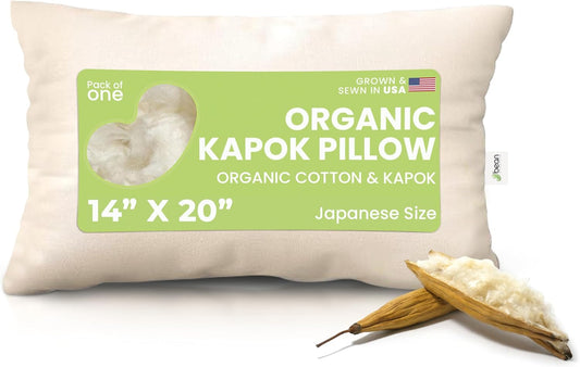 Bean Products Kapok 14" x 20" Japanese Pillow - Breathable, Eco-Friendly and Durable Organic Cotton Fabric Bed Pillow - Soft and Supportive Pillow for Sleeping, Made in The USA