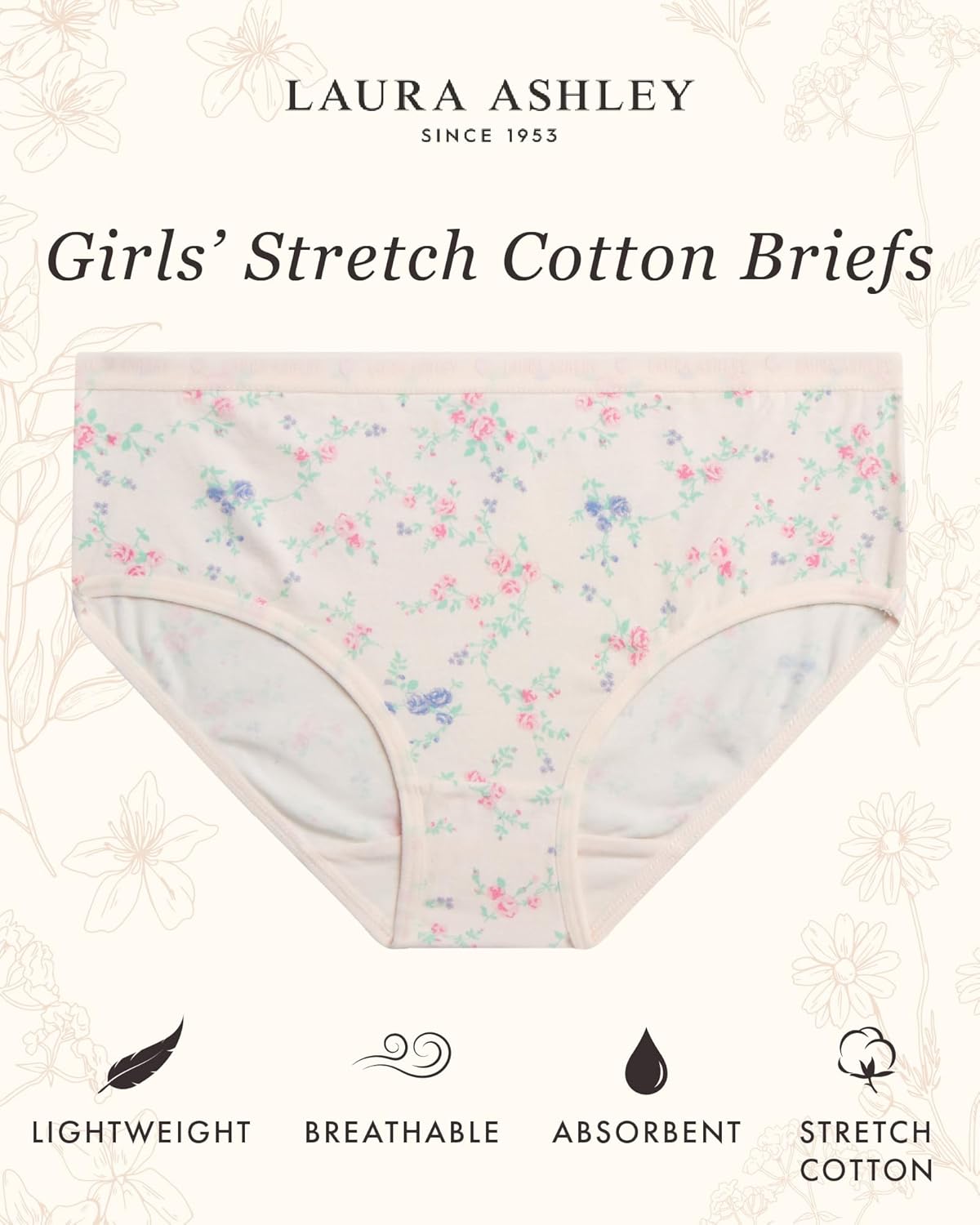 Laura Ashley Girls Underwear - 5 Pack Soft Stretch Breathable Panties for Girls - Lightweight Cotton Panties (Size: 4-12)