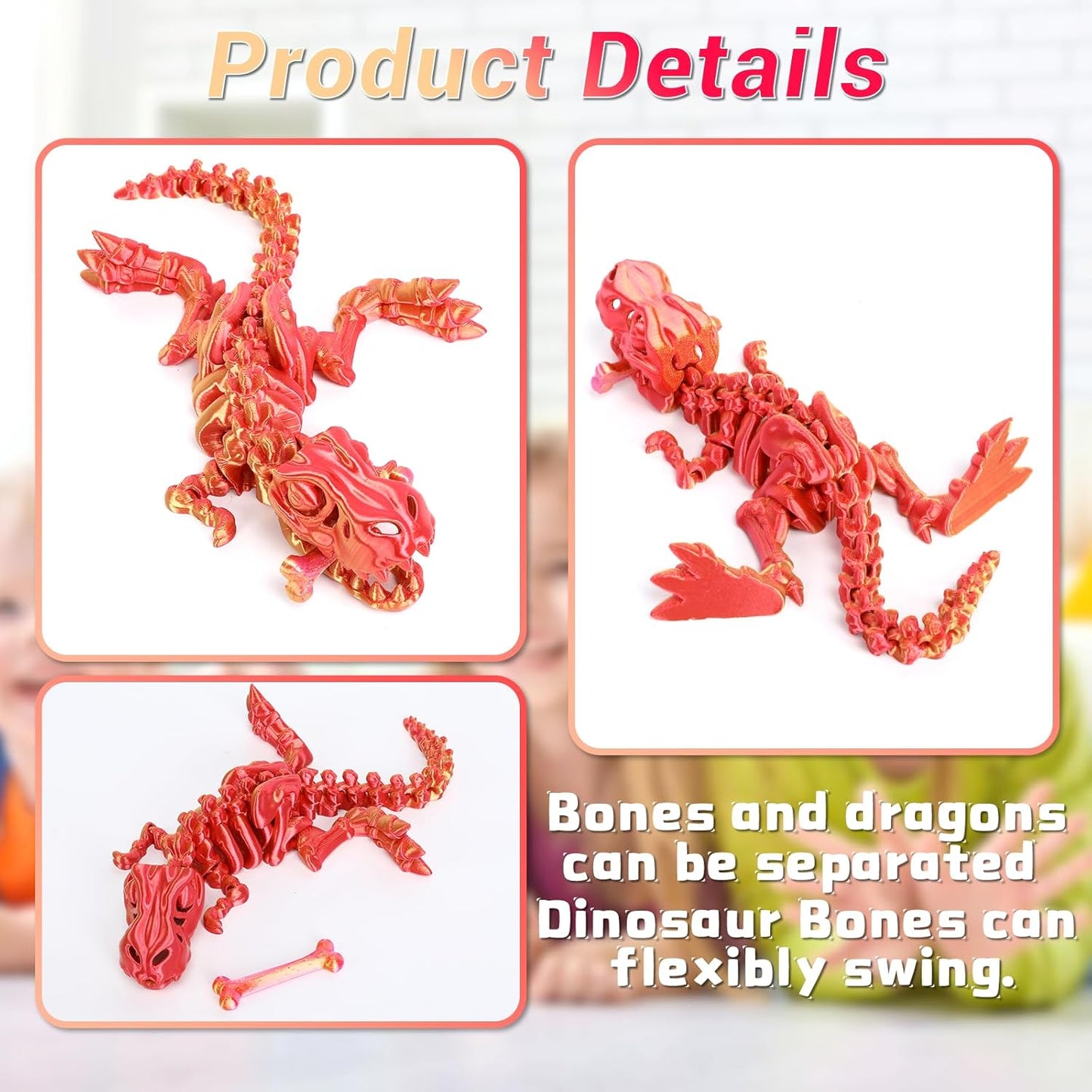 3D Printed Dinosaur Bone Skeleton Tyrannosaurus Rex with Movable Jaw Fidget Dinosaur Toys Full Articulated Dinosaur Executive Desk Toys Home Office Decor, Red-2