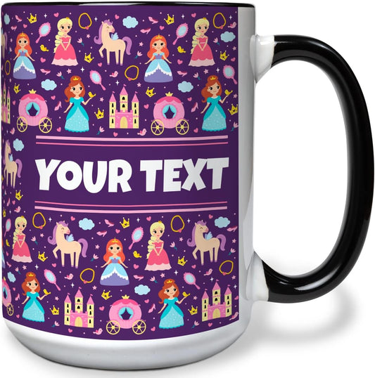 Personalized Mug for Kids - Princesses - Custom Name/Text, Ceramic Hot Chocolate/Cocoa/Coffee Cup for Girls, Birthday/Christmas/Holiday Gift - 15 oz, Black Handle