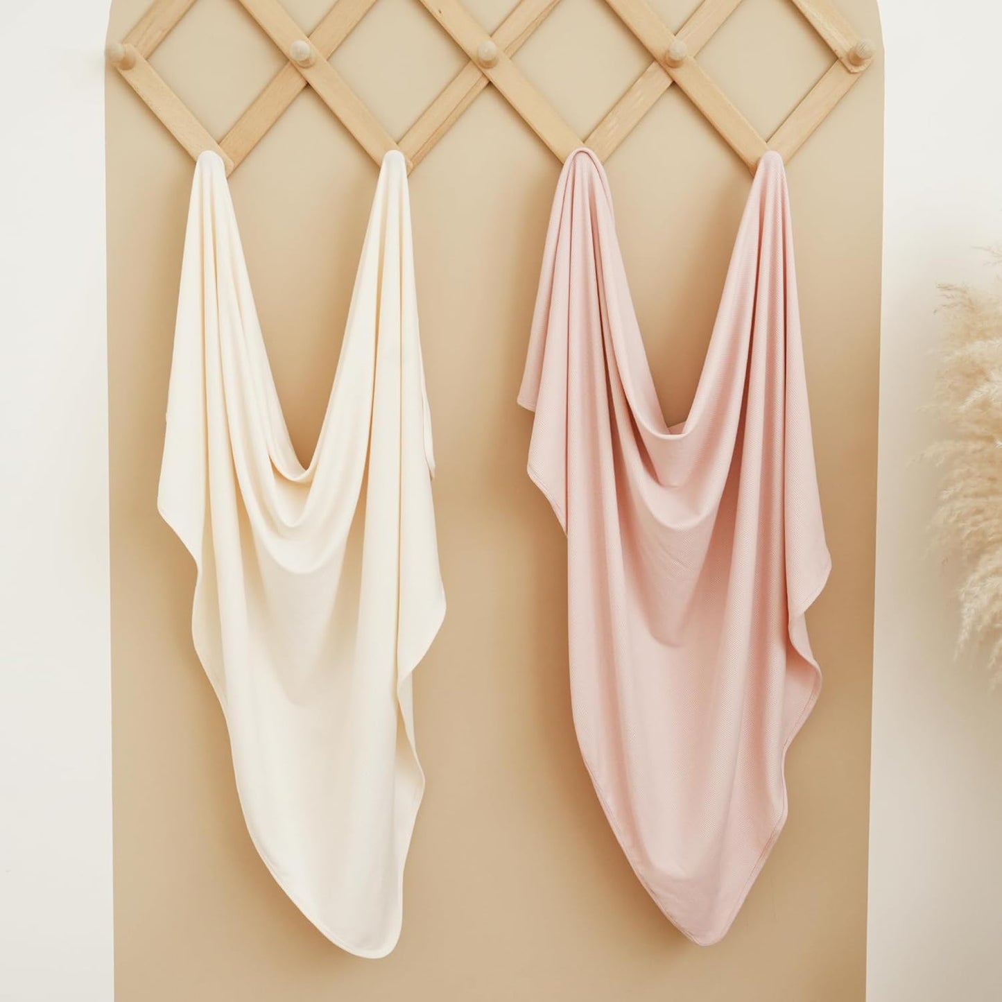 Konssy Knit Baby Blanket 2 Pack, Soft Ribbed Swaddle Receiving Blankets for Boys & Girls, Lightweight Cozy Swaddling Wrap for Newborns, Infants, & Toddlers, 33x42 Inch (Pink,Beige)