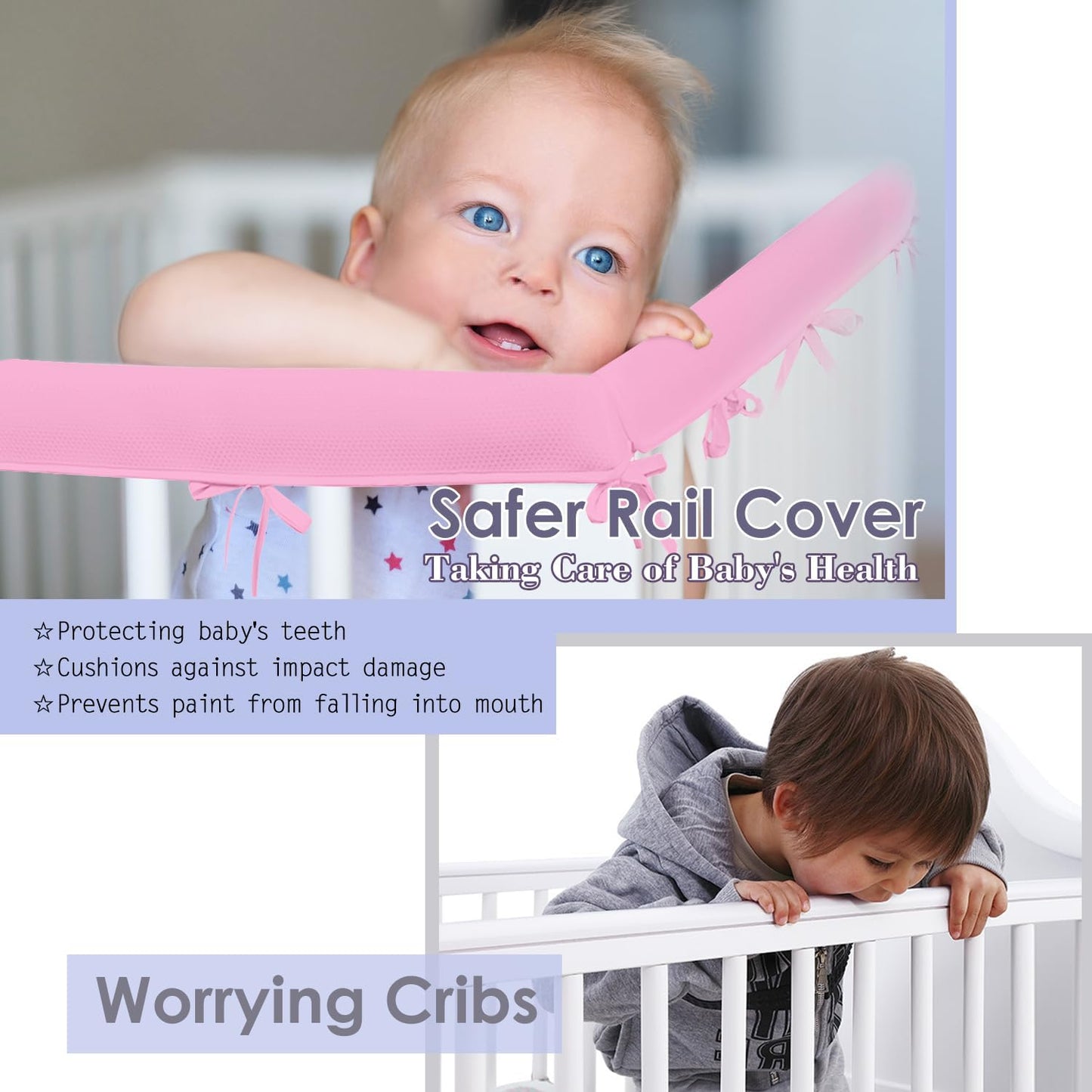 3 in 1 Breathable Crib Rail Covers for Life Size Cribs,White Soft Anti-Collision Strip Corner Covers,Protect Baby Teeth and Save Crib Rails, Rail Edge Protector Strip (Pink-4pc)