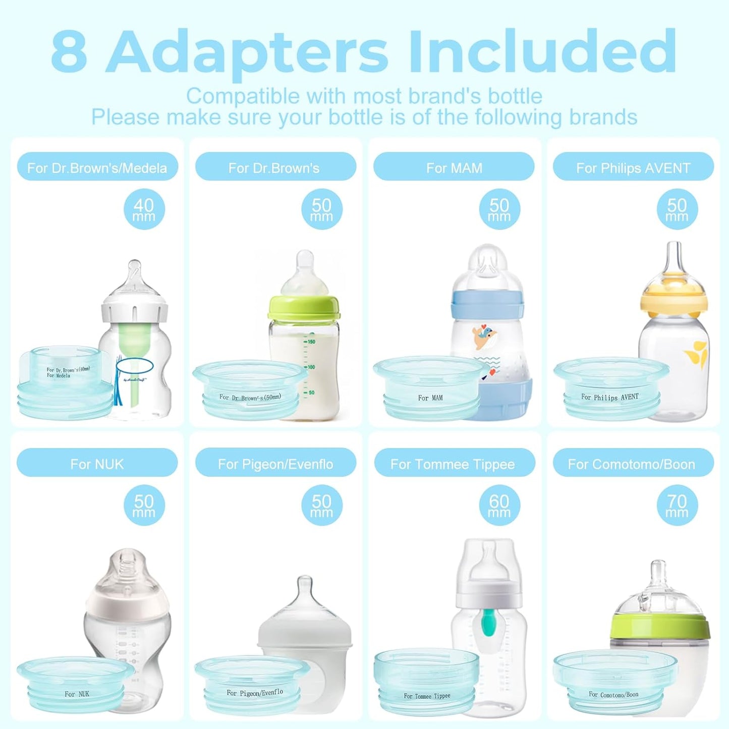 Portable Cordless Baby Bottle Warmer for Travel, Rechargeable with 8 Adapters & 1 Milk Powder Container, Safe Material, Fast Heating, Compatible with Major Brands,Blue