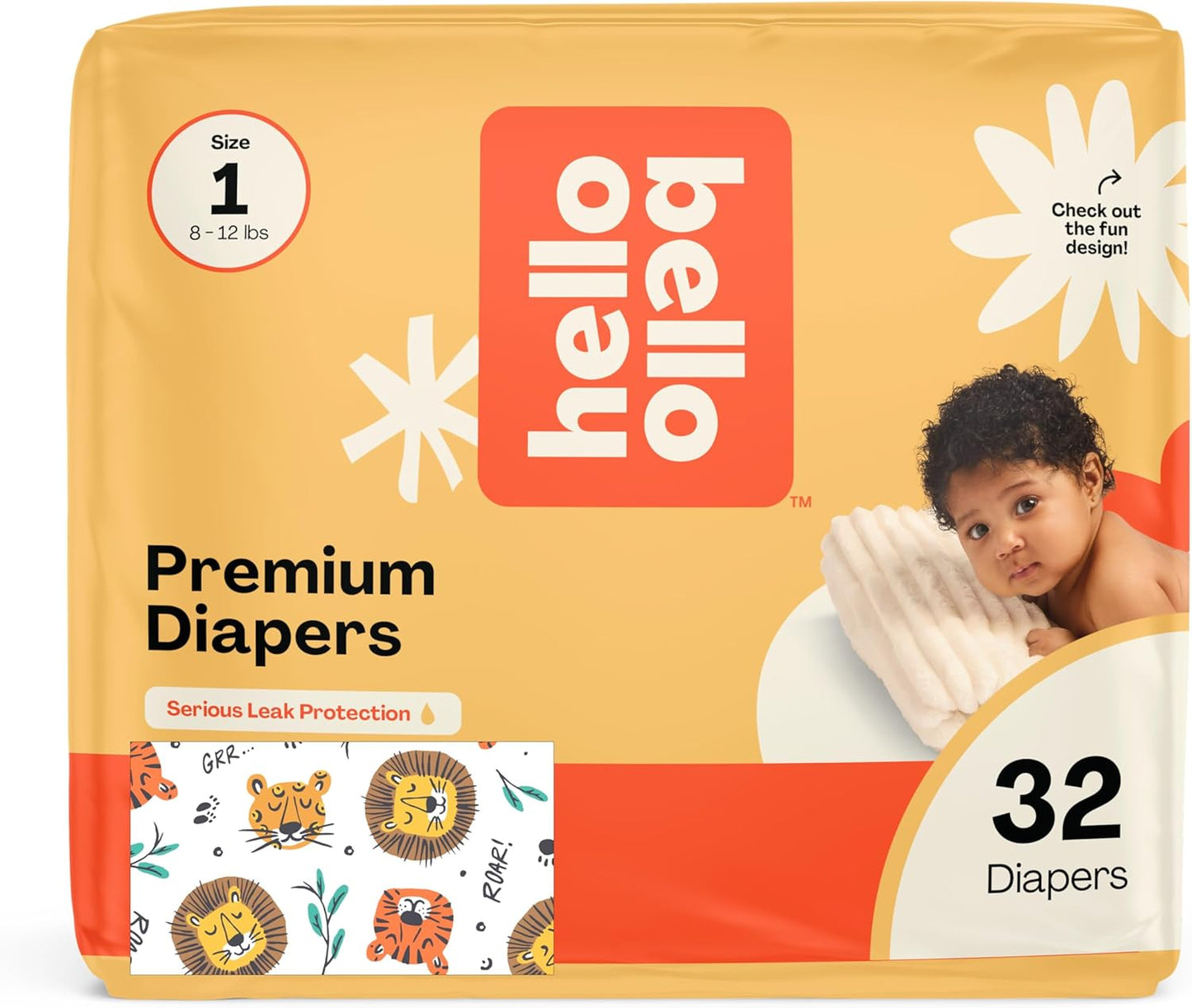 Hello Bello Diapers, Size 1 (8-12 lbs) Wild Cats, 32 Count of Premium Disposable Baby Diapers, Hypoallergenic with Soft, Cloth-Like Feel