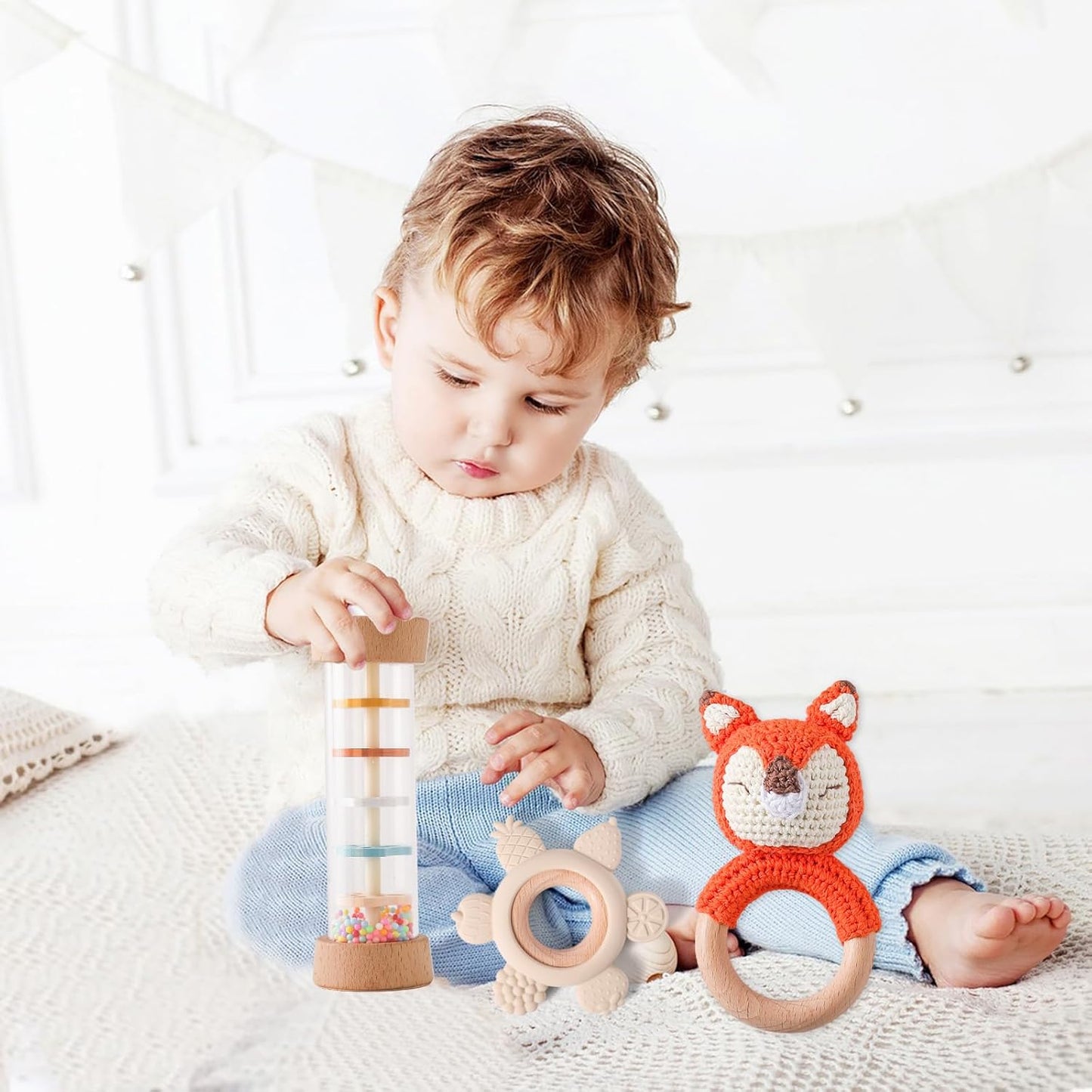 Youuys Wooden Baby Rattle Set (3pcs) - Crochet Rattle Rain Stick Teething Toys, Wooden Montessori Toy for Newborn Infant Baby Rattles Set Toys 3-6 Months (Fox)