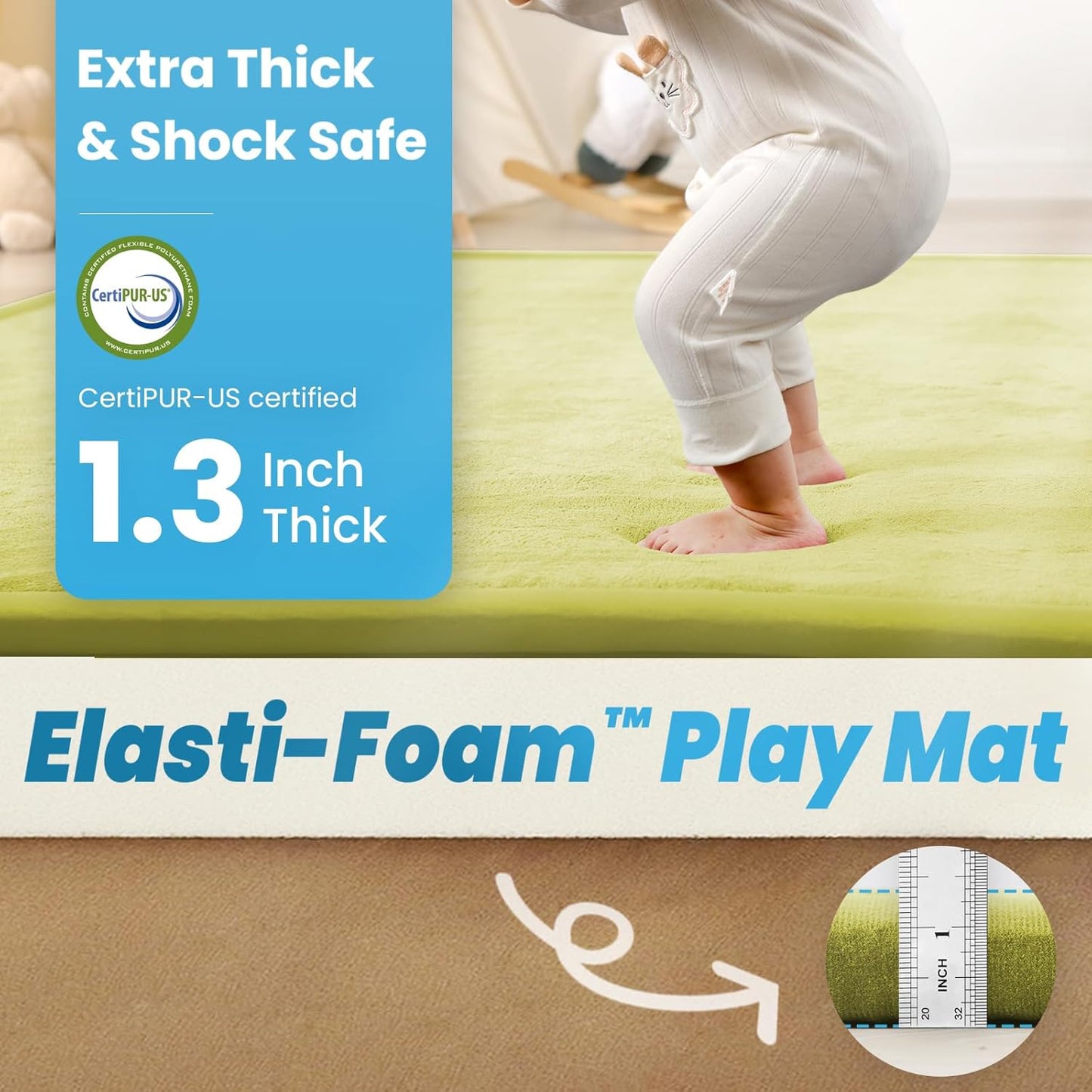 Baby Play Mat for Kids Room,Extra Thick Elasti-Foam Anti-Fall Cushion Mat for Babies,Toddlers,Infants,Water-Repellent&Non-Slip Bedroom Bedside Rugs(Light Green)