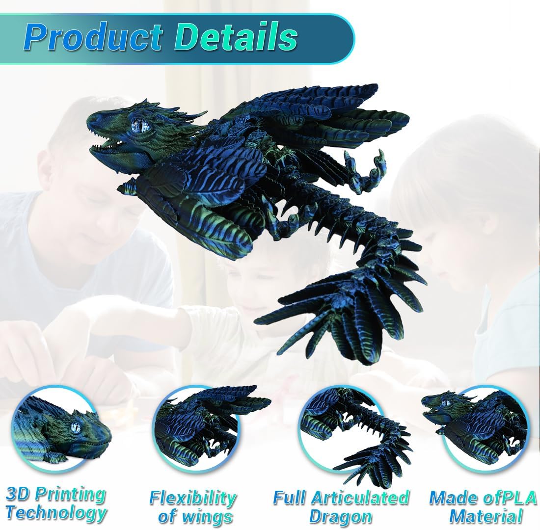 Feathered Wyvern Dragon, 3D Printed Dragon, Articulated Dragon Fidget Toy, 3D Dragon with Wings, Adult Anxiety Relief Desktop Toys for Home Office Decor