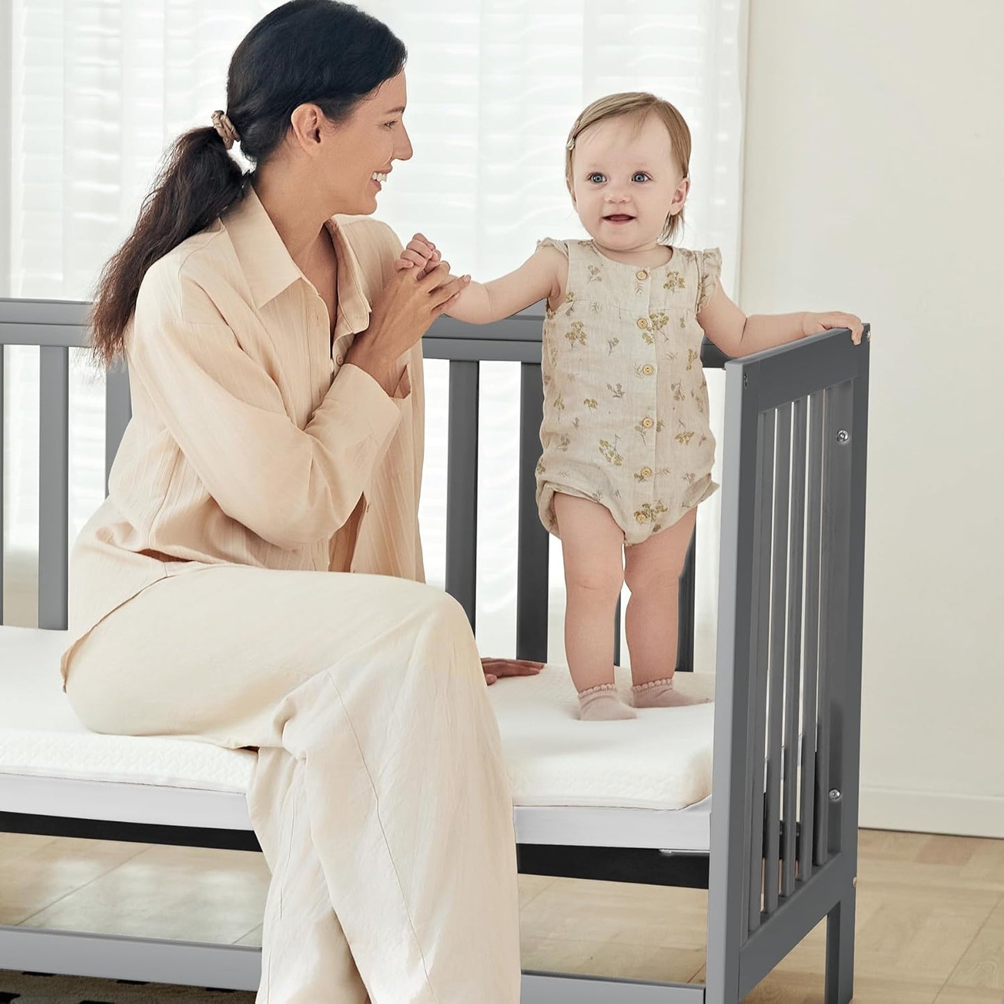 EvoNest Baby Crib, 11 in 1 Convertible Mini Crib with Wheels, 100% New Zealand Wood Growing Bed, 4 Adjustable Mattress Height,Grey