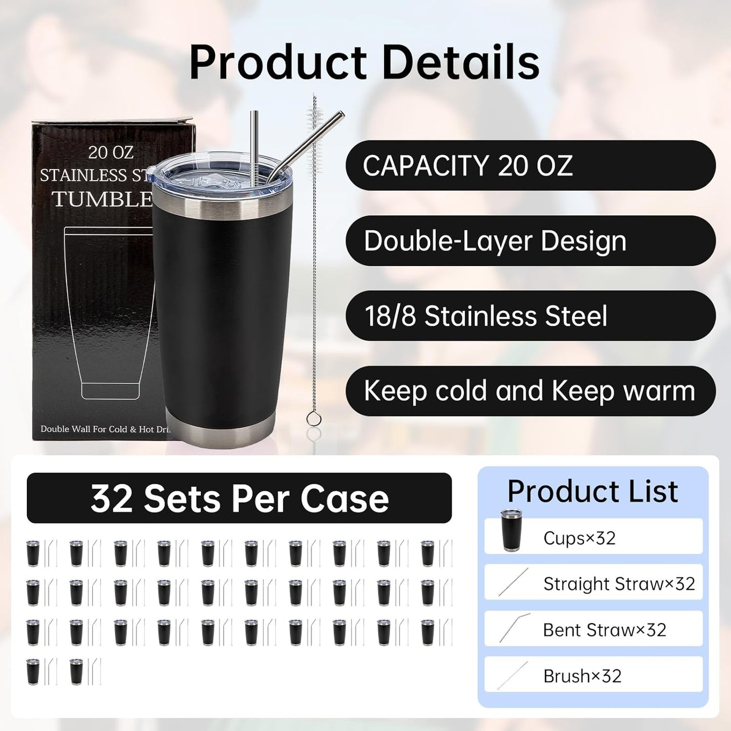 IEOVIEE 32 Pack 20oz Stainless Steel Bulk Tumblers with Lids and Straws Double Wall Insulated Travel Mug Durable Powder Coated Tumbler Bulk Cup for Cold and Hot Drinks(Black)