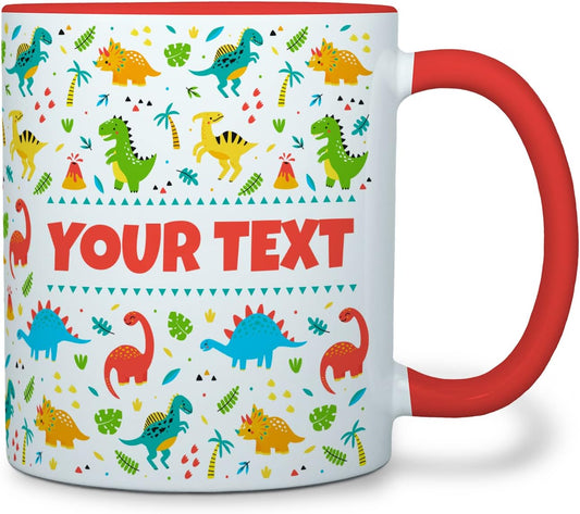 Personalized Mug for Kids - Dinosaurs - Custom Name/Text, Ceramic Hot Chocolate/Cocoa/Coffee Cup for Boys/Girls, Birthday/Christmas/Holiday Gift - 11 oz, Red Handle