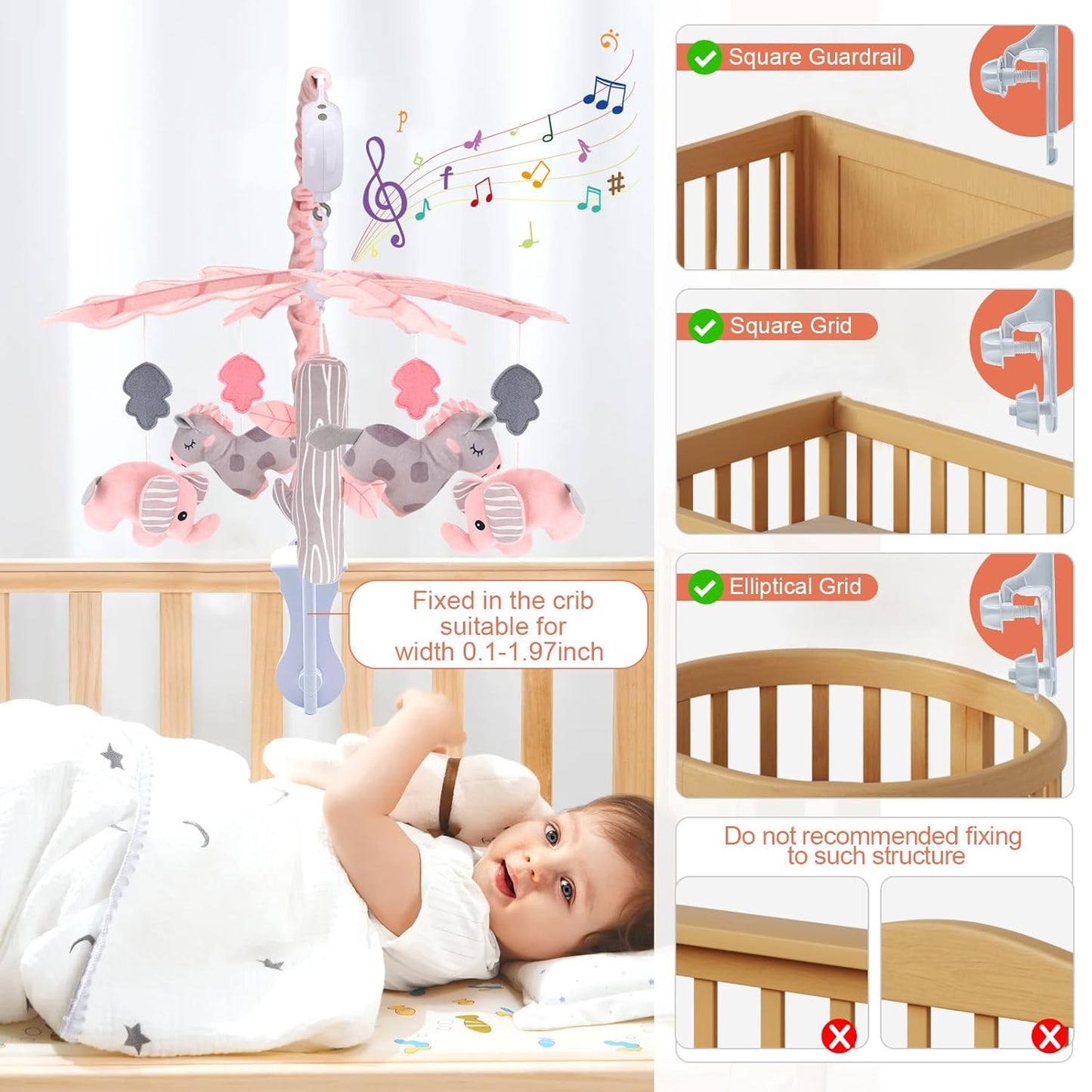 Upgraded Blublu Park Musical Mobile for Crib, Baby Crib Mobile with Hanging Rotating Toys Woodland Nursery Decor for Newborn Baby Boys Girls, Digital Music Box with 3 Modes, 12 Lullabies (Pink)