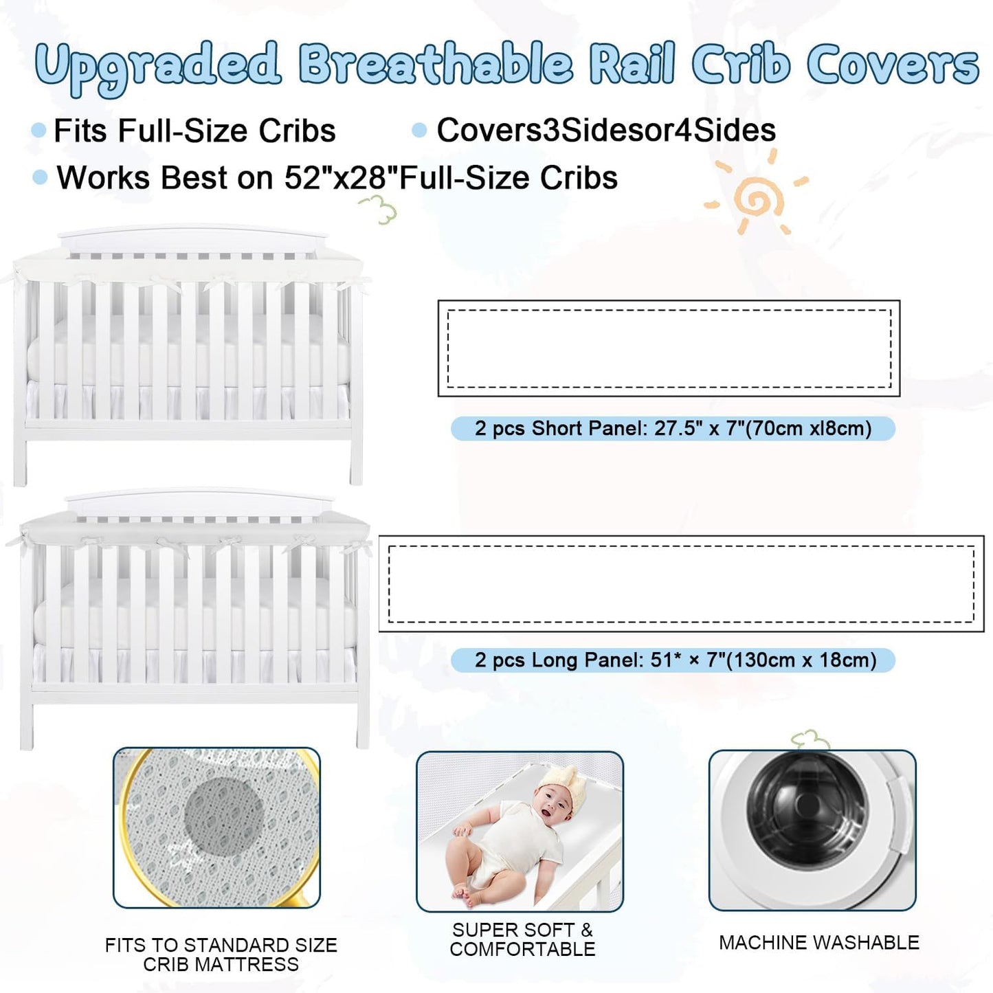 3 in 1 Crib Mesh Liner for Life Size Cribs,White Soft Anti-Collision Strip Corner Covers,Protect Baby Teeth and Save Crib Rails, Rail Edge Protector Strip (Blue)