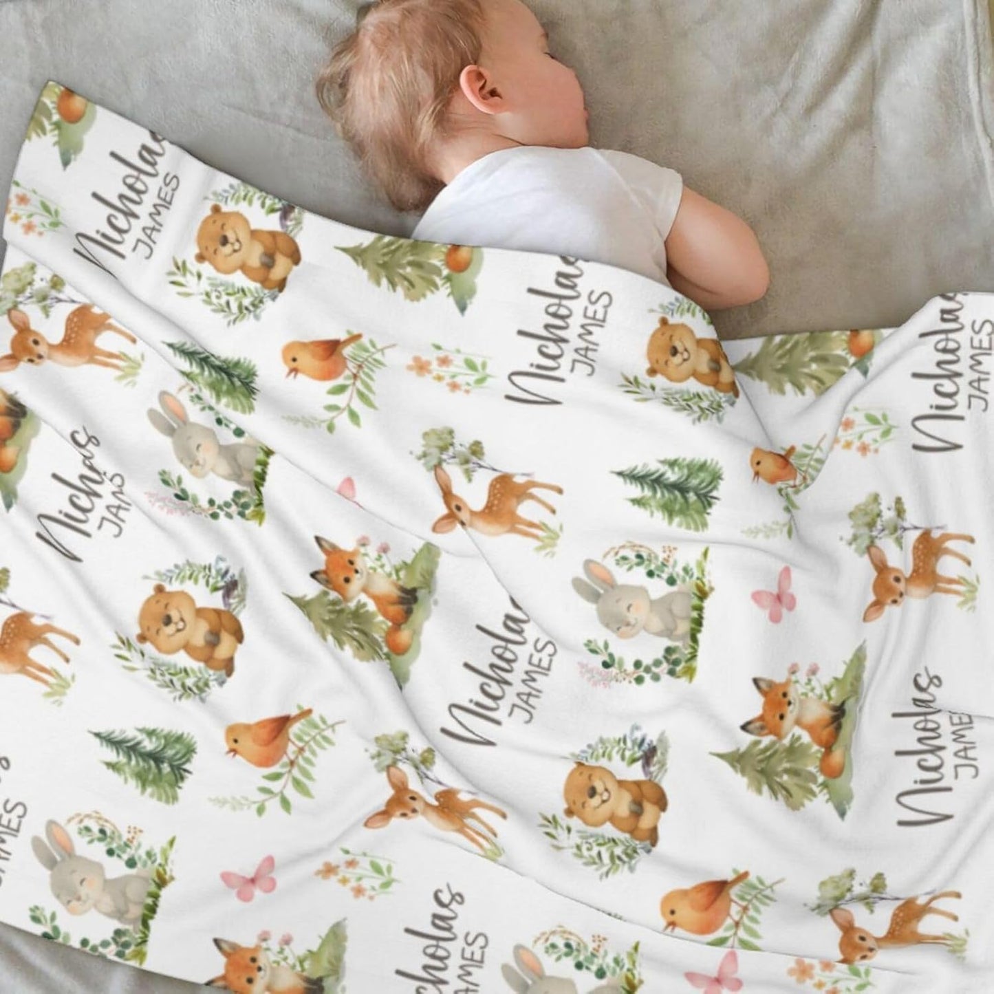 Personalized Baby Blanket for Boys Girls Super Soft Cozy Custom Baby Blanket with Name Lovely Woodland Animal Design Bed Throw for Toddler Newborn 30 x 40 Inch Customized Baby Gifts