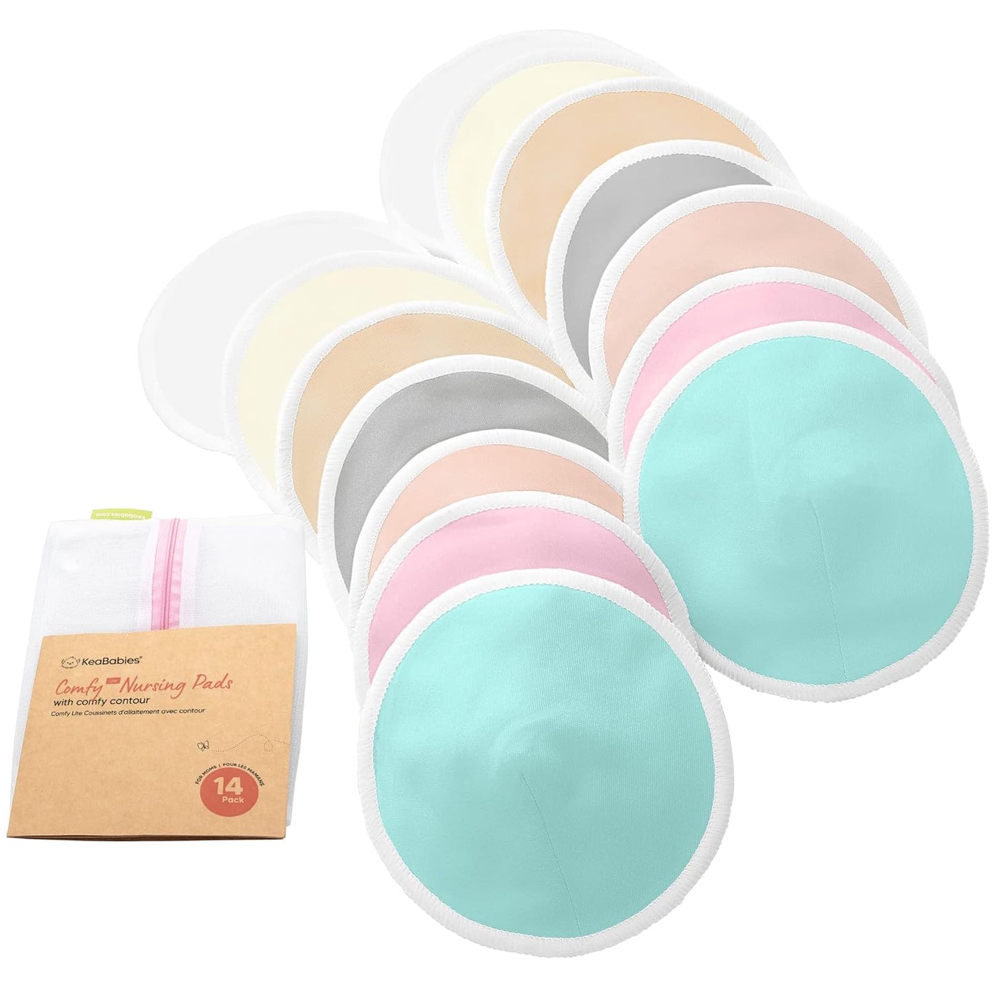 Organic Breast Pads - 14 Viscose Derived from Bamboo Washable Pads + Wash Bag, 3-Layers Breastfeeding Nipple Pad for Maternity, Reusable Nipplecovers for Breast Feeding(Pastel Touch Lite, L 4.8")