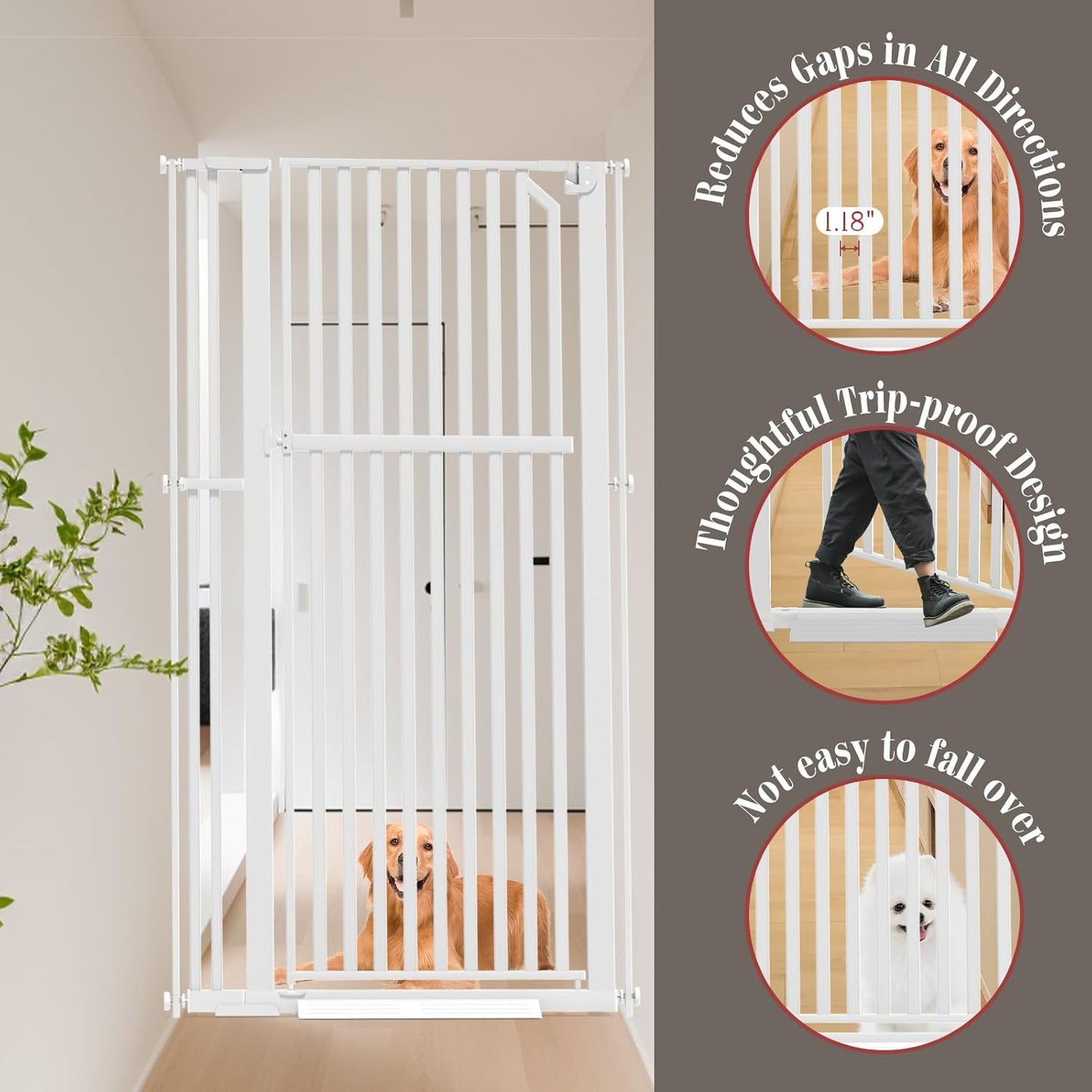 Glaf Extra Tall Pressure Mounted Pet Gate 63" With Cat Door - Adjustable Width 33.86-37.4" Metal Safety Gate for Dogs and Cats - Auto-Close for Doorways, Stairs, Kitchen, Hallway (White)