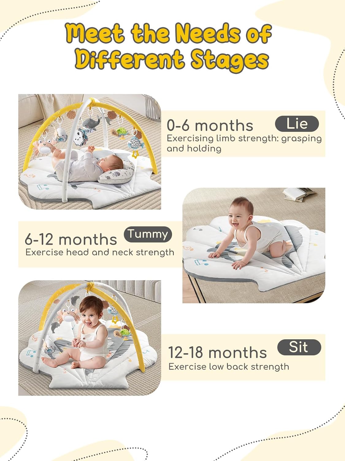 Shell Baby Play Mat, Play Mat for Babies 0-6 6-12 Months, Tummy Time Mat w 6 Detachable Toys, Enlarged Infant Activity Mat for Sensory & Motor Skill Development Boho Ocean Theme Baby Play Gym (White)