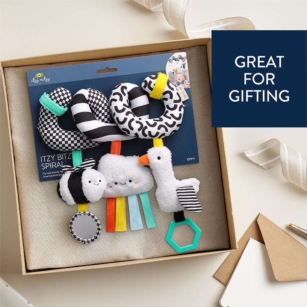 Itzy Ritzy Spiral Car Seat & Stroller Activity Toy - Stroller & Car Seat Toys for Ages 0 Months and Up - Hanging Toys Include Dangling Ring, Mirror and Textured Ribbons (High Contrast)