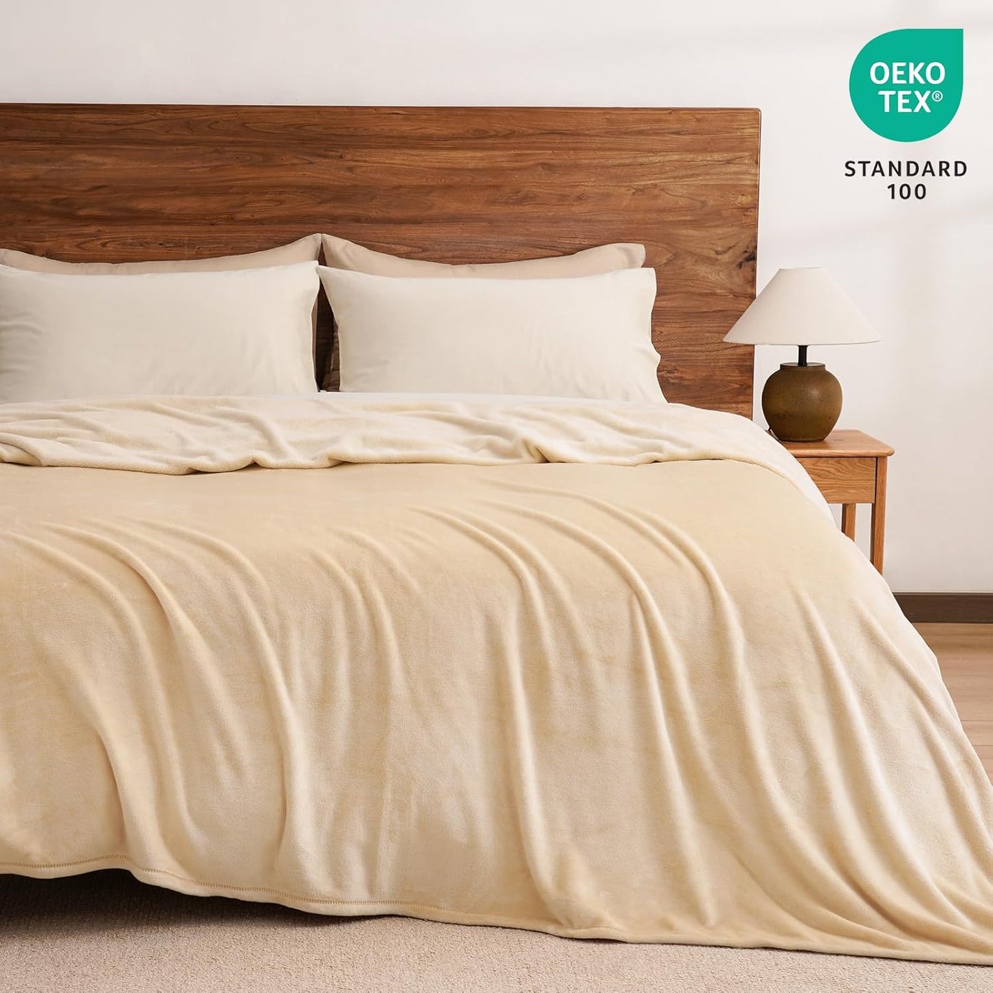 PHF Ultra Soft Fleece Blanket Queen Size, No Shed No Pilling Luxury Plush Cozy 300GSM Lightweight Blanket for Bed, Couch, Chair, Sofa Suitable for All Season, 90" x 90", Beige
