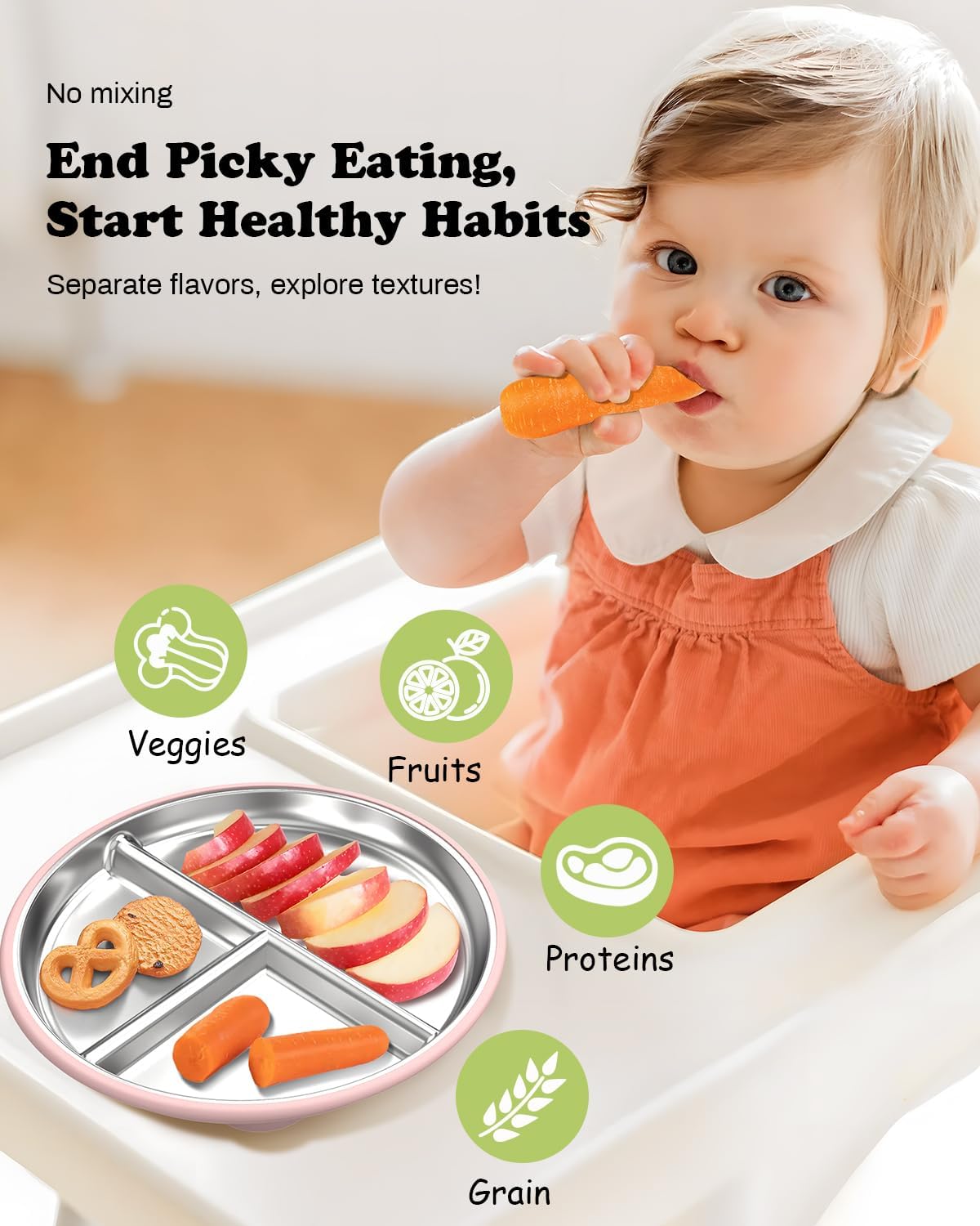 Stainless Steel Toddler Plate with Suction, 8” Divided Plates with Removable Silicone Sleeves for Baby, Non Toxic Unbreakable Kids Snack Dishes Set of 4, Sage Blue Gray Blush