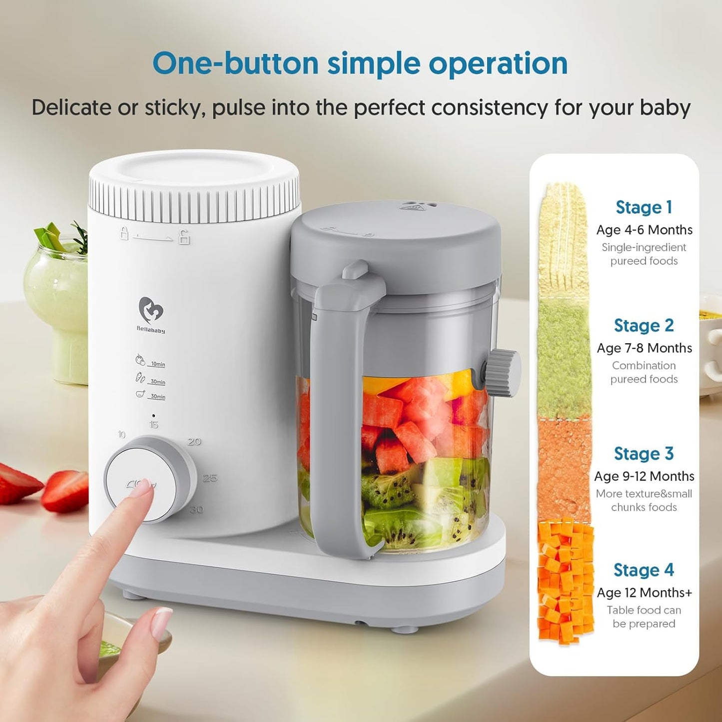 Baby Food Maker Bellababy Baby Food Processor, Puree Blender Steamer with Reversible Steam Basket, One Button Easy Operation & Large Opening for Easy Cleaning
