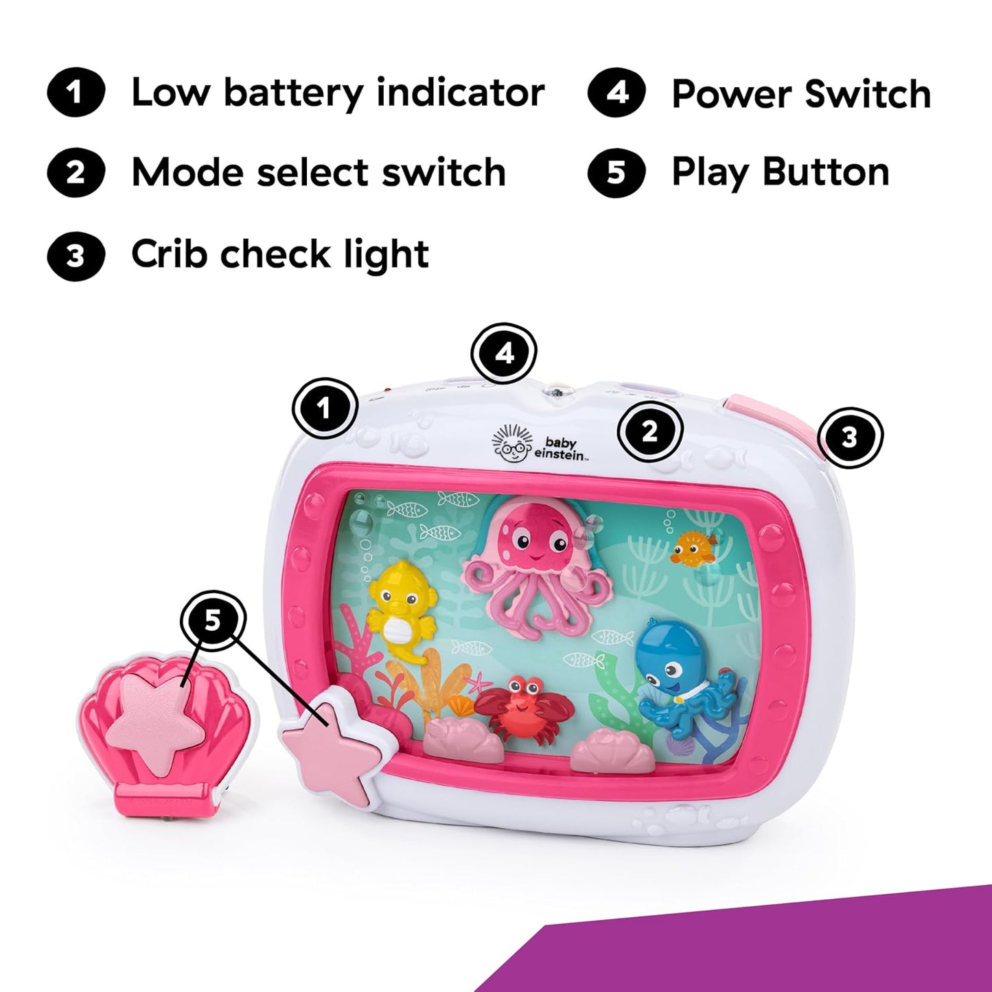 Baby Einstein Sea Dreams Soother Musical Crib Toy and Sound Machine, Pink, Newborn and up