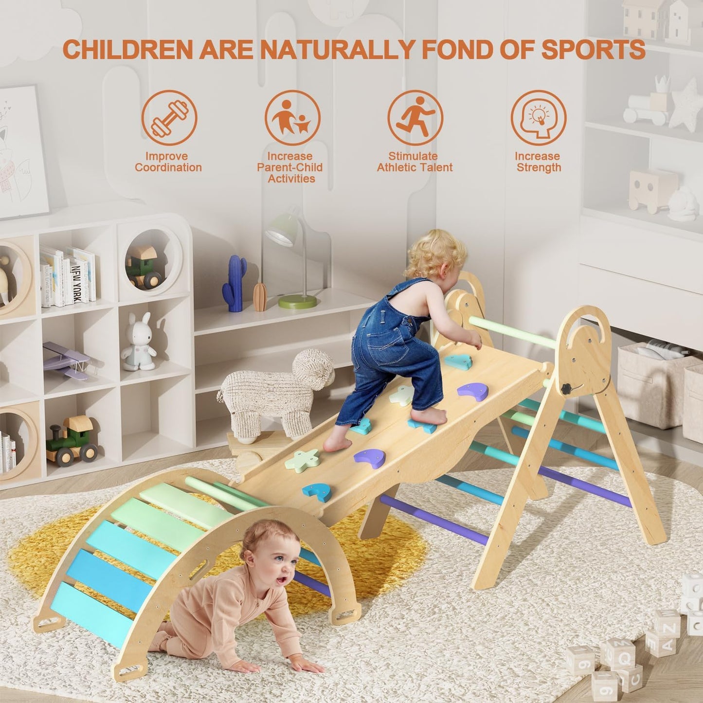 Pikler Triangle Set with Cushion, Montessori Climbing Set, Indoor Climb Toys, Indoor Playground Jungle Gyms, 9 Combinations Climbing Toy Set for Toddler, Baby, Kids 1-4