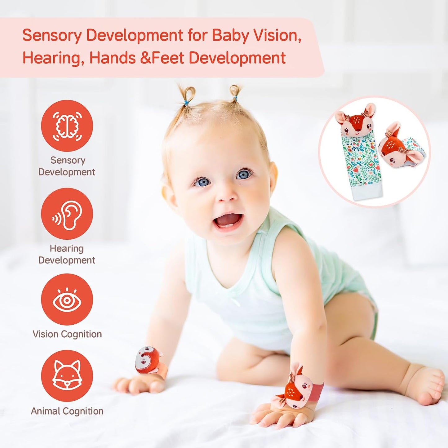 Lovely Animal Wrist Rattles & Sock Toy for Baby Infant 0-6 6-12 Month Old Newborn Soft Toy Hand and Foot Finder Girl Boy Birthday Shower Easter Gift Set for Babies