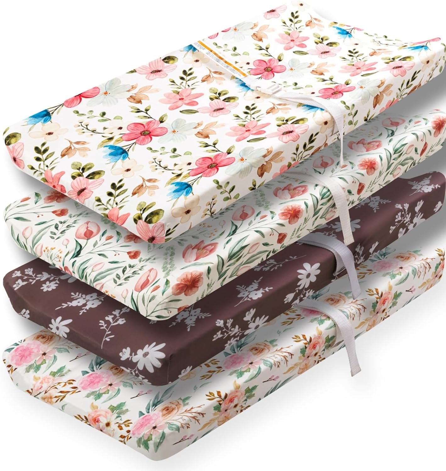 4 Pack Baby Girl Changing Pad Covers Sheets Set Soft Fitted Floral or Elephant Theme Baby Girl Mattress Covers Breathable Toddler Bed Sheets for Infant or Newborn Girls (Flower, Changing Pad Covers)