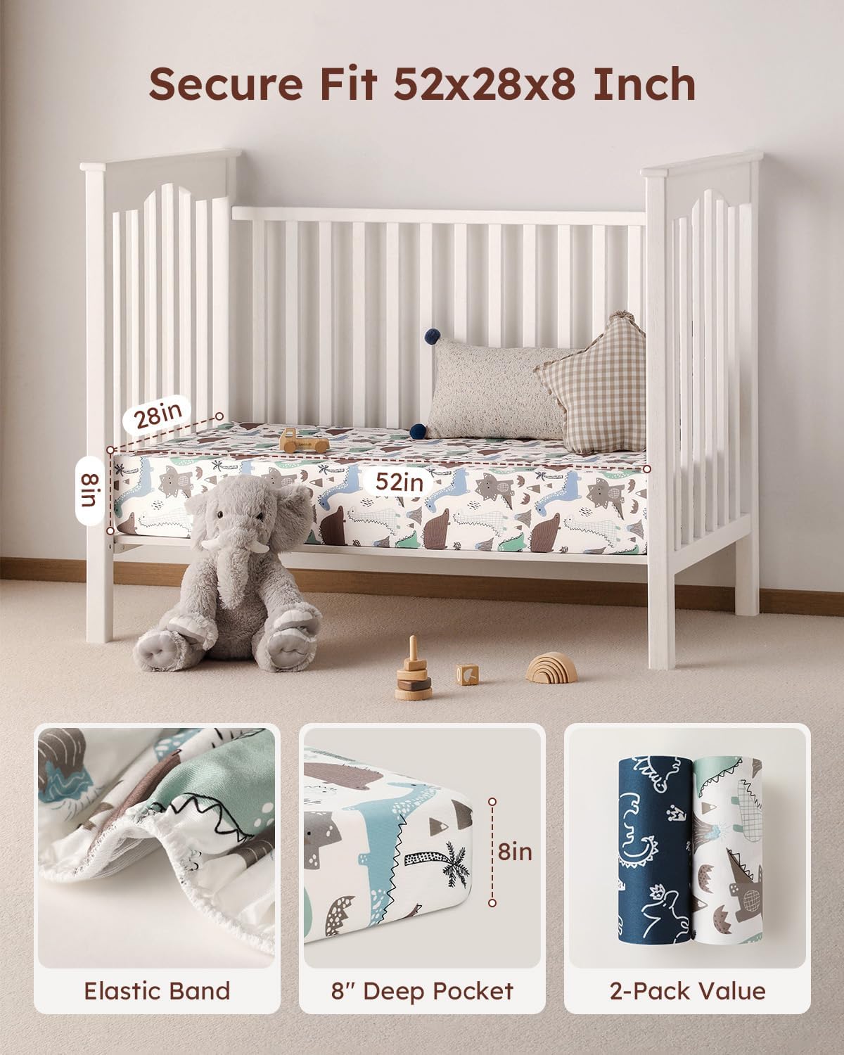 Yoofoss Baby Crib Sheets 2 Pack for Boys and Girls - 52x28 Fitted Crib Sheet Neutral Fits for Standard Crib and Toddler Mattress, Ultra Soft Breathable Microfiber Dark Blue Dinosaurs