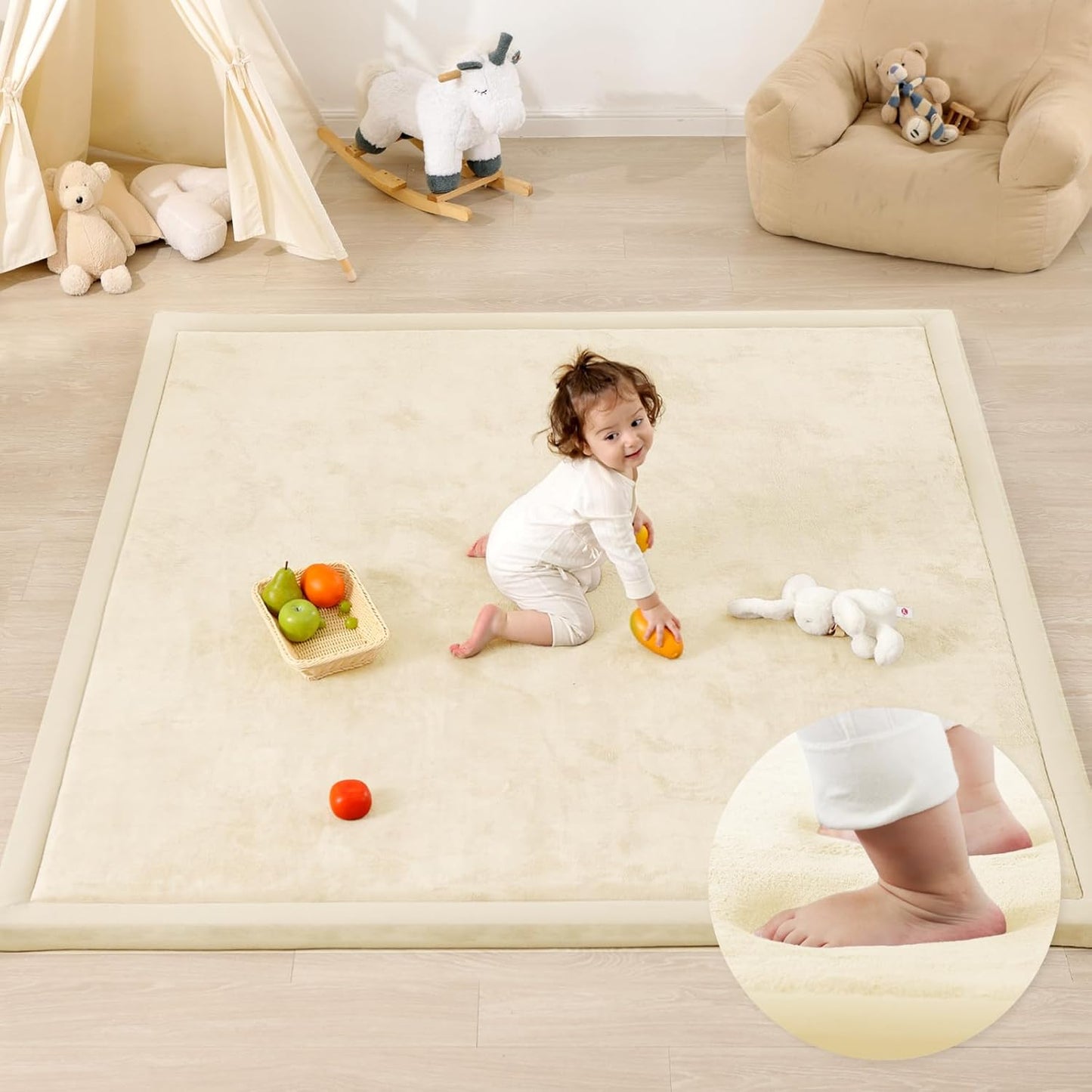 Ultra Soft Baby Play Mat,71"×79" Extra Large Activity Tummy Time Mat for Toddlers,Infants,Kids,1.3" Thick Elasti-Foam Nursery Rug for Floor,Non-Slip Safe for Crawling,Water-Repellent(Ivory)