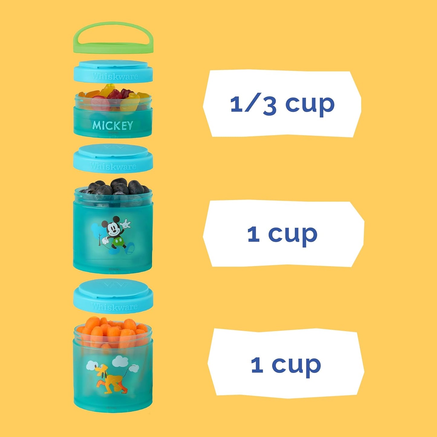 Whiskware Disney Stackable Snack Containers for Kids and Toddlers, 3 Stackable Snack Cups for School and Travel, Mickey and Pluto