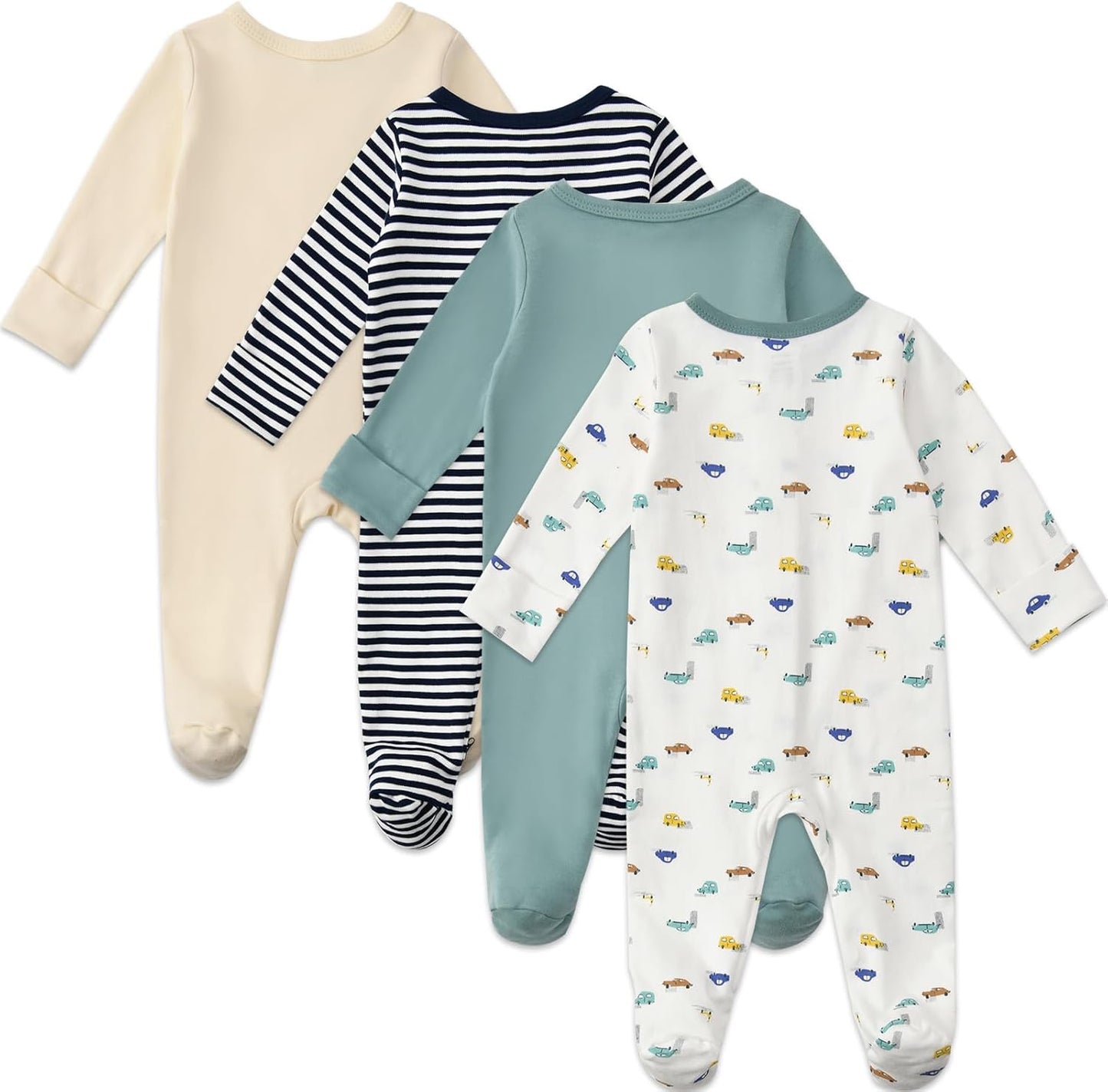 Aablexema Baby Footed Pajamas with Mitten Cuffs Zipper 4-Pack Infant Newborn Cotton Long Sleeve Outfit