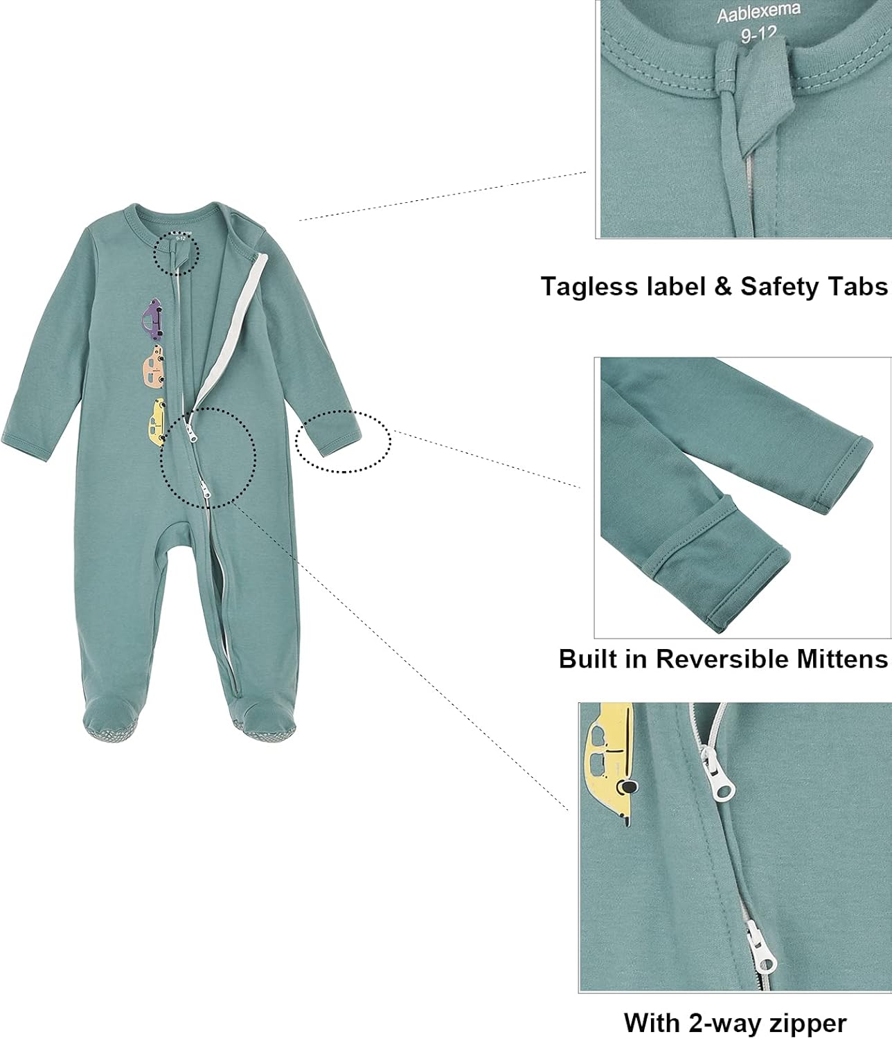 Aablexema Baby Footie Pajama with Mitten Cuffs, Double Zipper Infant Cotton clothes Sleeper Pjs, Footed Sleep Play