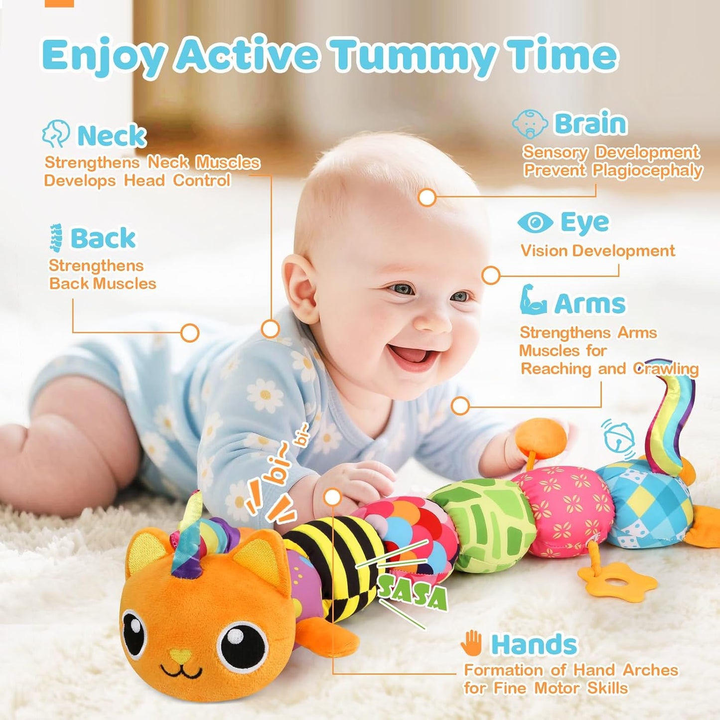Baby Toys 0-6 6-12 Months, Sensory Musical Animal Stuffed Toy for Infant 0-3 3-6 Months, Tummy Time Toys with Mirror Crinkle Rattle, Plush Unicorn Cat Toy Gifts for 0 1 2 3 4 5 6+ Months Boys Girls