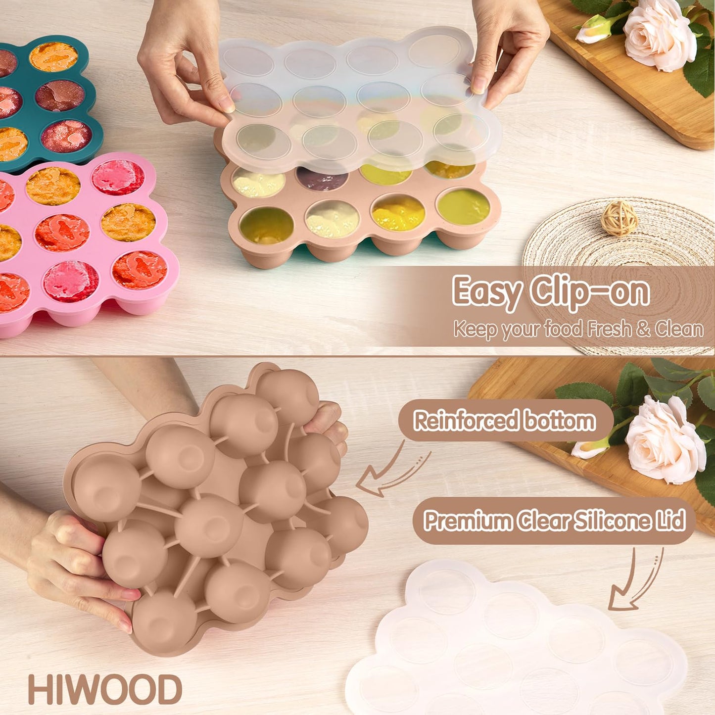 Baby Food Freezer Tray with Clip on Lid, 12 x 1.5 Ounce Baby Food Storage Container, Baby Silicone Freezer Molds for Fruit Purees & Vegetables (Light Brown)