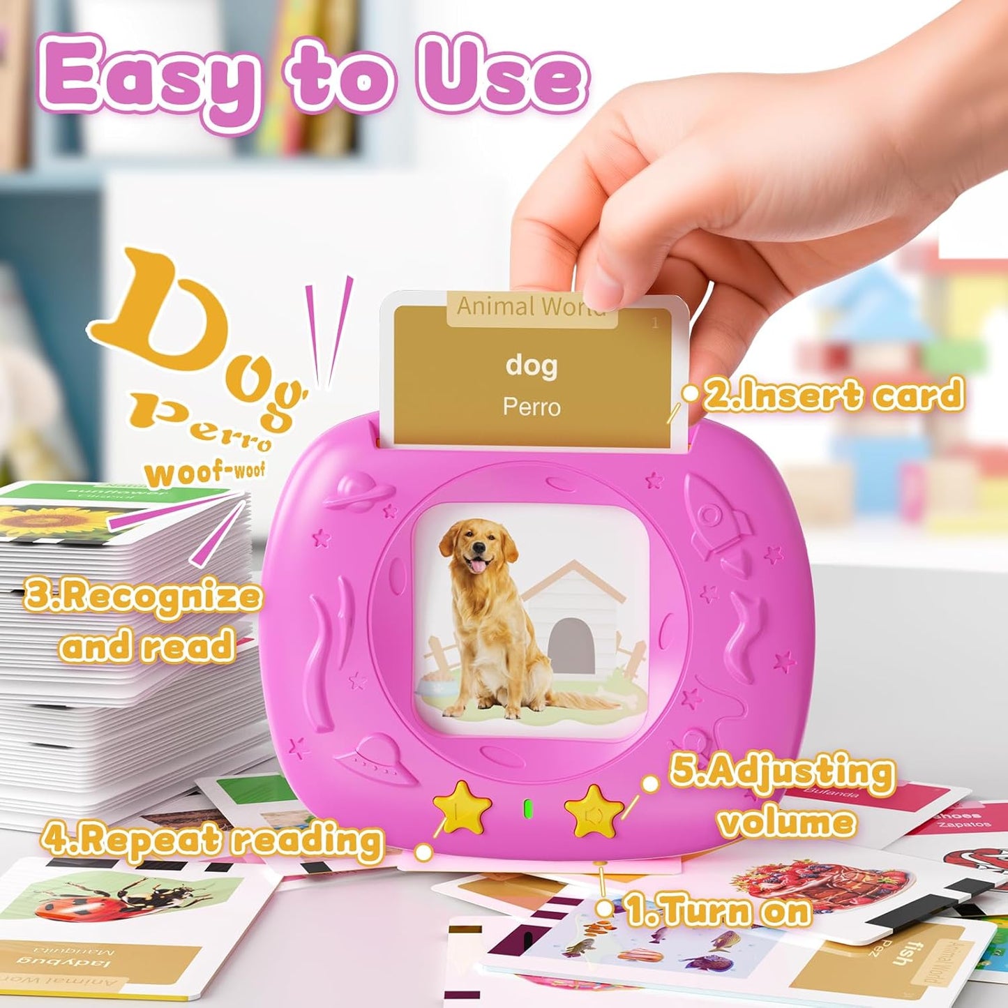 Toddlers Bilingual Spanish & English Talking Flash Cards with 288 Sight Words, Speech Therapy Toys for 1 2 3 4 5 6 Years Old Boys and Girls, Learning Educational Kids Gifts (Pink)