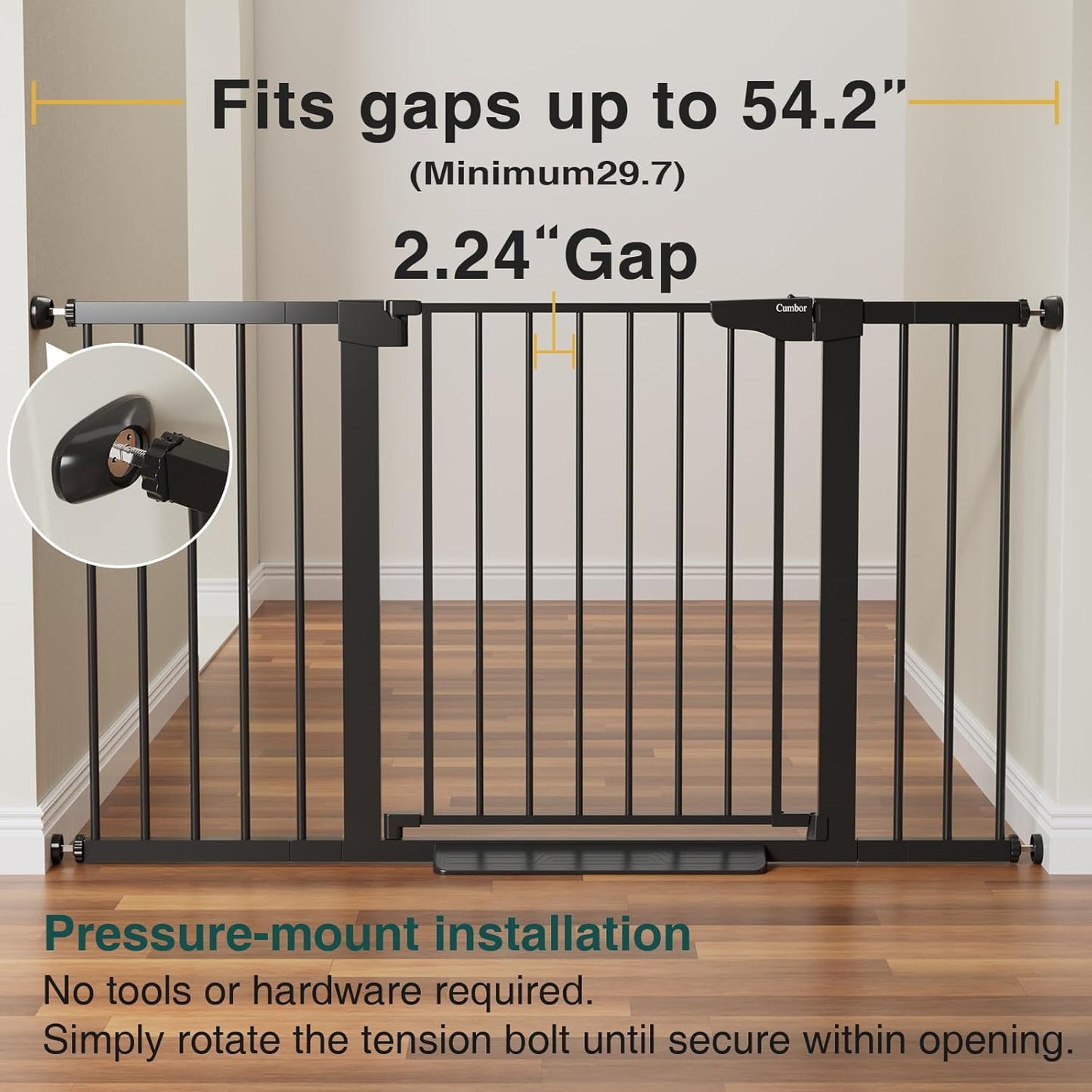 Cumbor 29.7-54.2" Wide Baby Gate for Stairs, Mom's Choice Awards Winner-Self Closing Dog Gate Indoor for Doorways, No Drilling Pressure Mounted Pet Gates for Kids, Easy Walk Through Safety Gate, Black