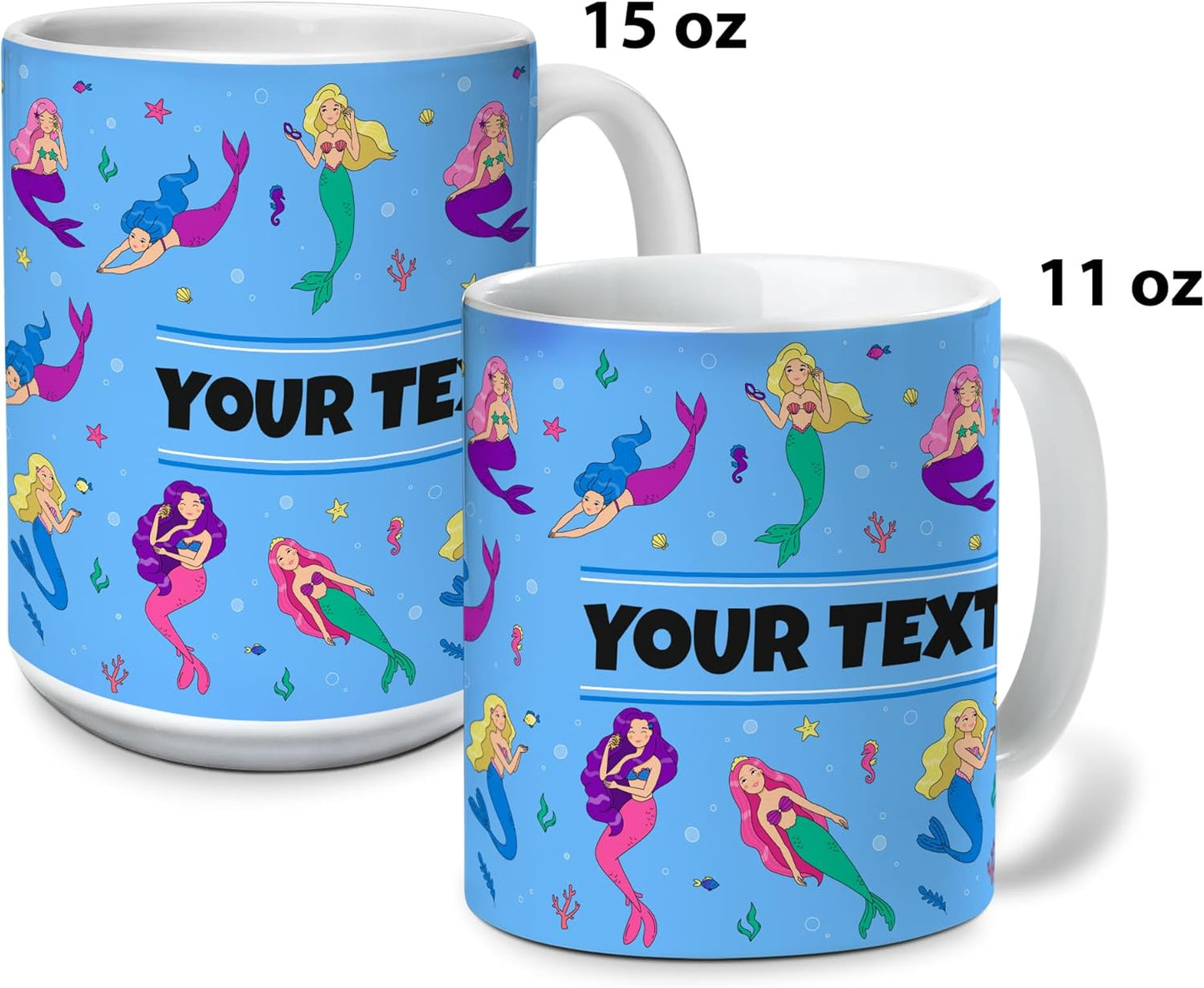 Personalized Mug for Kids - Mermaids - Custom Name/Text, Ceramic Hot Chocolate/Cocoa/Coffee Cup for Girls, Birthday/Christmas/Holiday Gift - 15 oz, White Handle