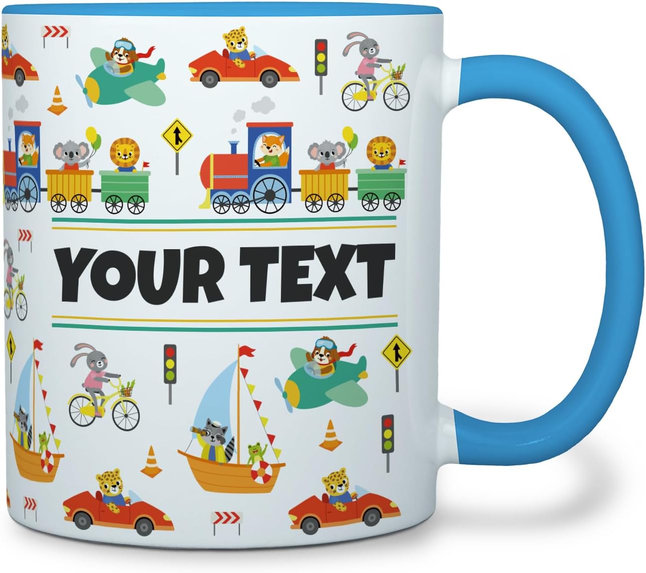 Personalized Mug for Kids - Vehicles - Custom Name/Text, Ceramic Hot Chocolate/Cocoa/Coffee Cup for Boys, Birthday/Christmas/Holiday Gift - 11 oz, Light Blue Handle