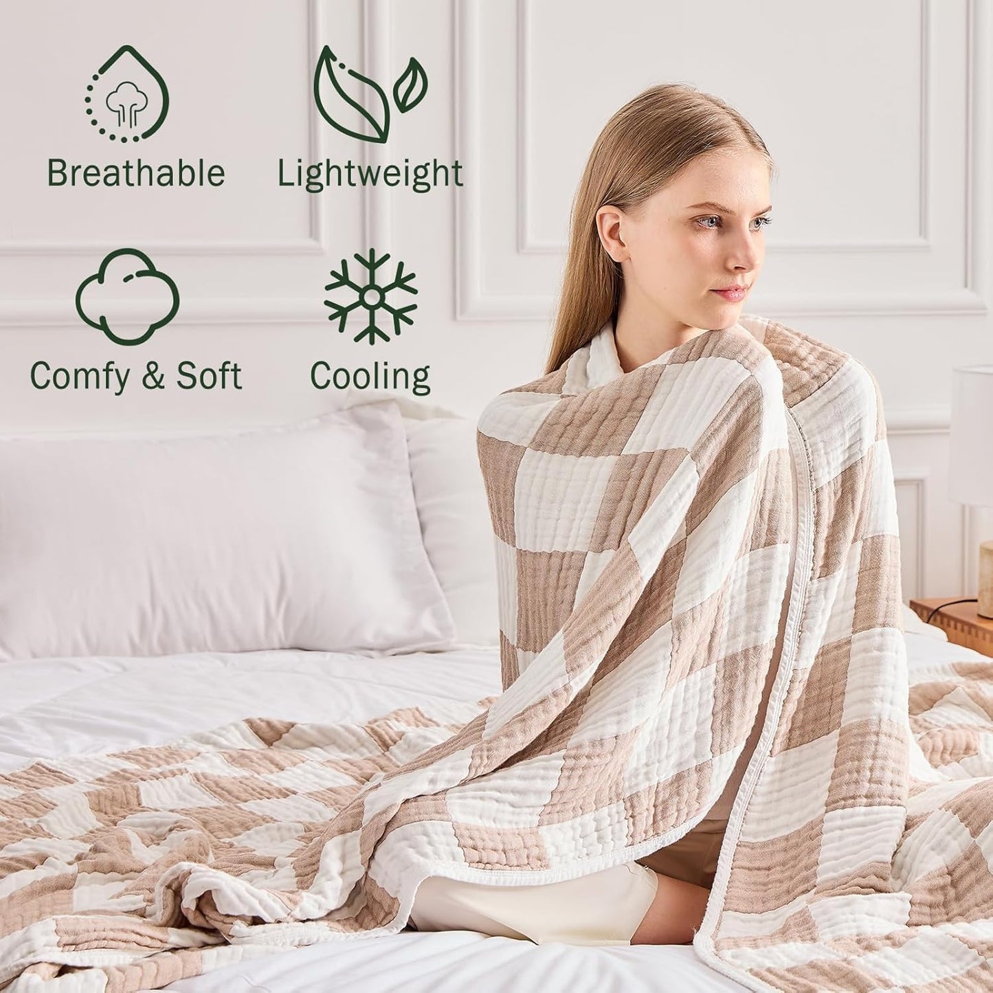 EMME Checkered Cotton Blanket Twin Large 60"x80" 100% Muslin for Couch Breathable Cooling Gauze All Season Soft and Lightweight Pre-Washed (Light Tan)