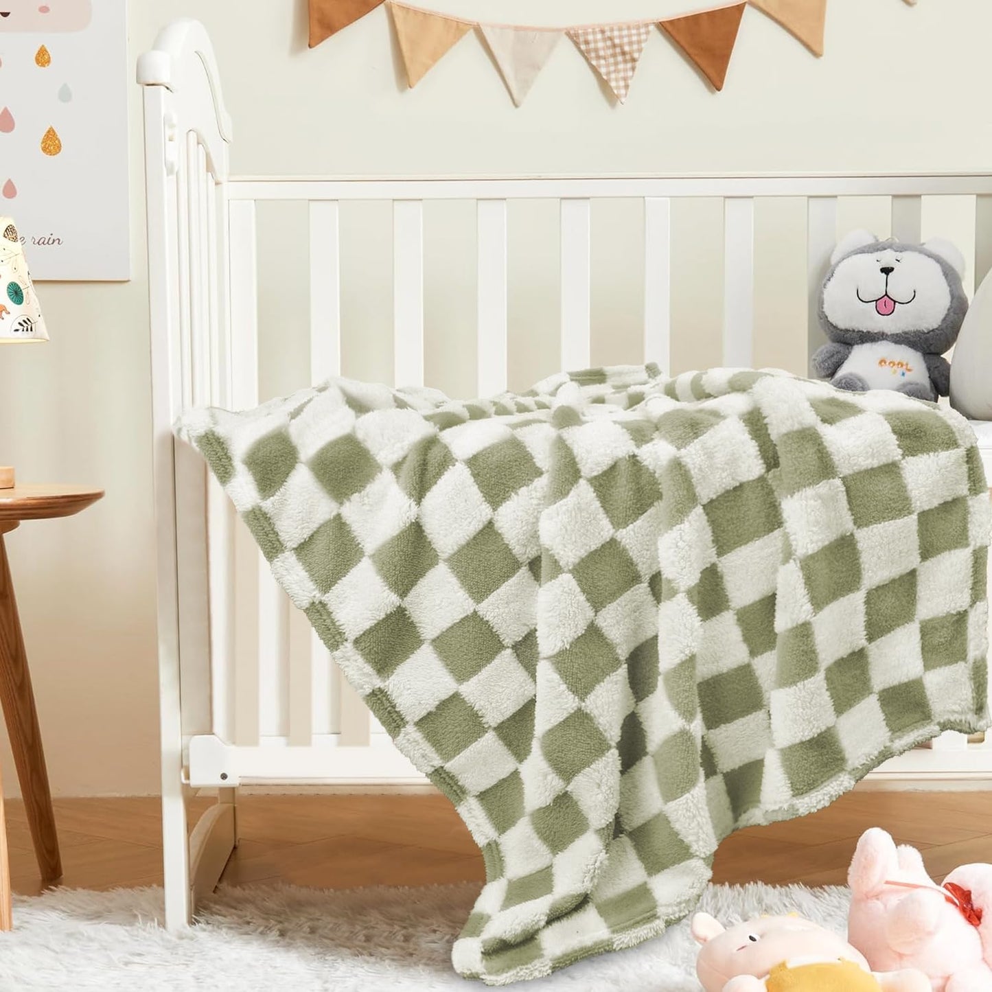 HOMRITAR Checkered Baby Blankets for Boys Girls Warm Cozy Reversible Toddler Blanket, Fluffy Fuzzy Plush Bed Blanket with Chessboard Grid Design 350GSM Mustard Green 30 x 40 Inch