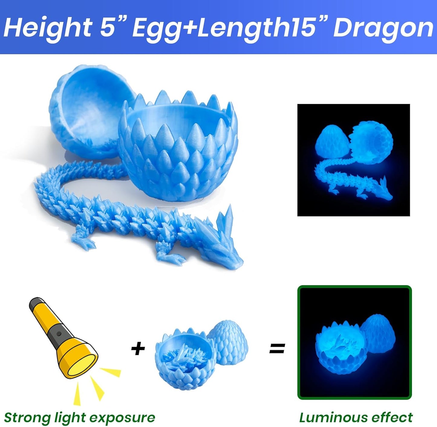 Dragon Egg,15 inchs Crystal Dragon,Articulated Dragon, Fidget Toys for Autism/ADHD,3D Printed Gift Toy, Executive Desk Toys,Home Office Decor (Luminous Blue)
