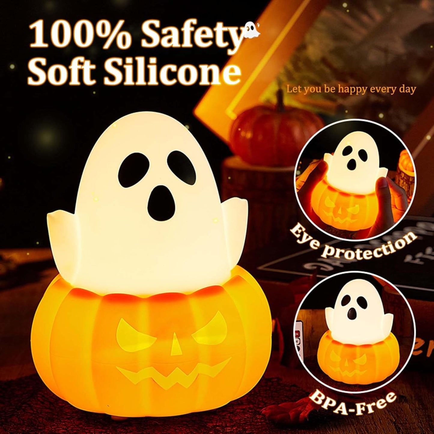 LED Pumpkin Ghost Night Light for Kids, Cute Lamp Gift 7 Colors NightLight, Silicone Rechargeable Bedroom Touch Pumpkin Lamps, Kawaii Room Decoration Bedside Lamp for Kids Girls Boys