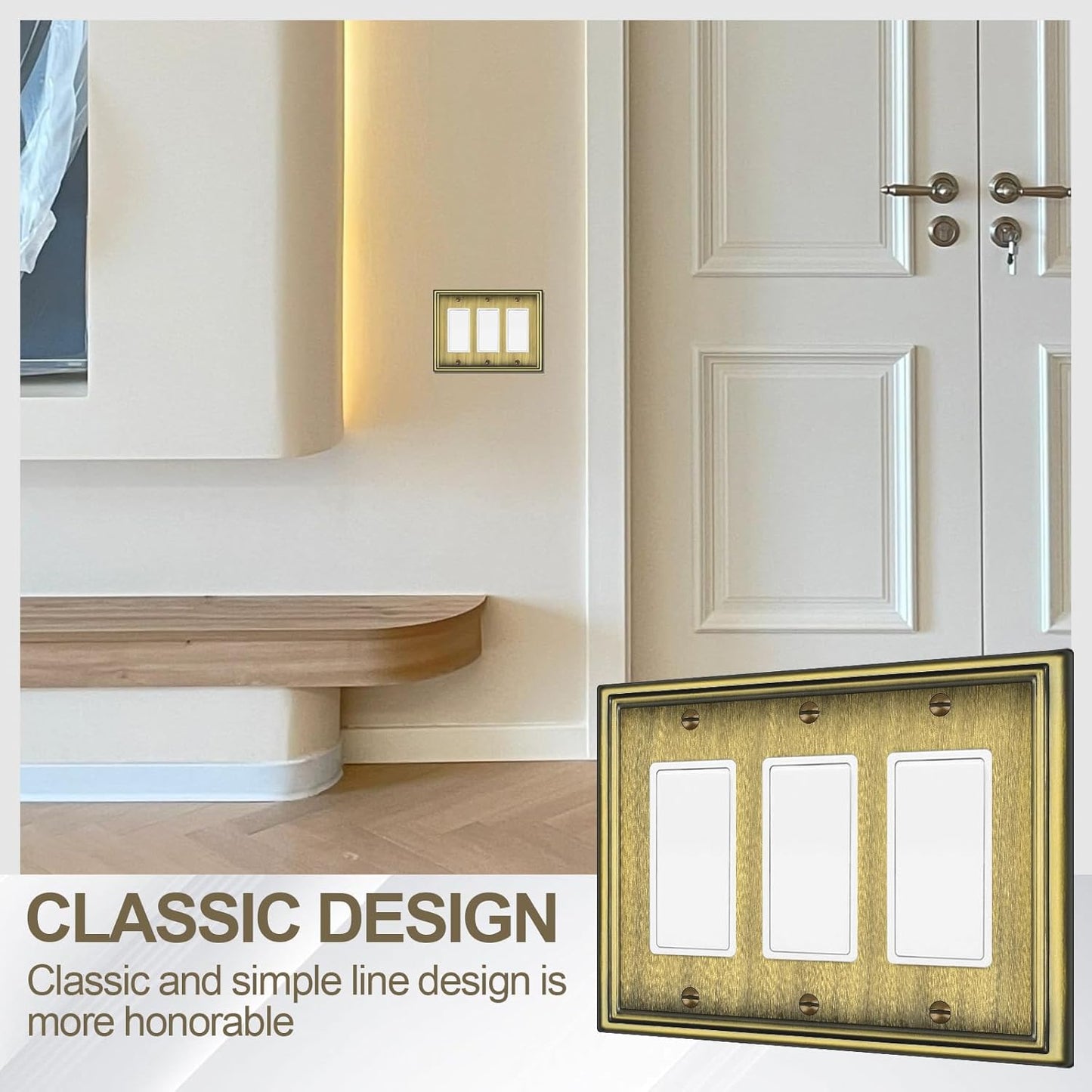 2 Pack Triple Decorator Switch Covers Wall Plate, Antique Brass Metal Material Rocker Switch Plates, 3 Gang Wall Plate for Receptacle, GFCI Outlet, Dimmer Switch - Classic Style