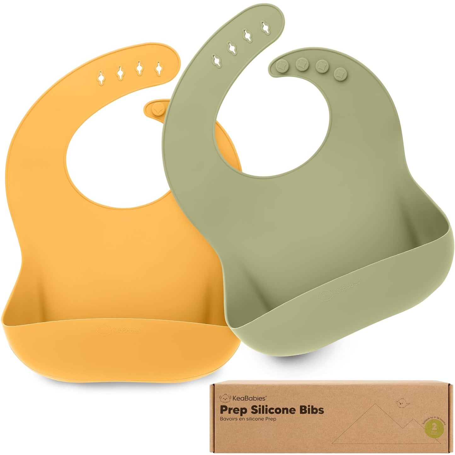 KeaBabies 2-Pack Silicone Baby Bibs for Eating - Sturdy Food-Grade Silicone Bibs for Babies Girl, Boy, Large Food Catcher, Clean & Put On Easily, Waterproof Toddler Feeding Essentials (Harvest)