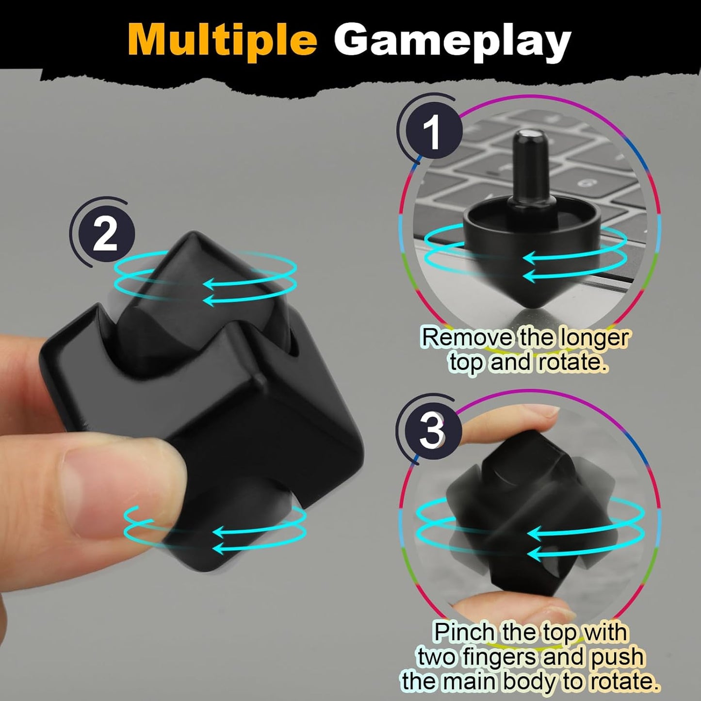 Fidget Spinner Toys Cube for Kids Adults, Metal Fidget Block Sensory Focus Toy Valentine Gift, Transformable Fingears Stress Relief Easter Stuff EDC Desktop for Boy Girl Teens Men(Black)