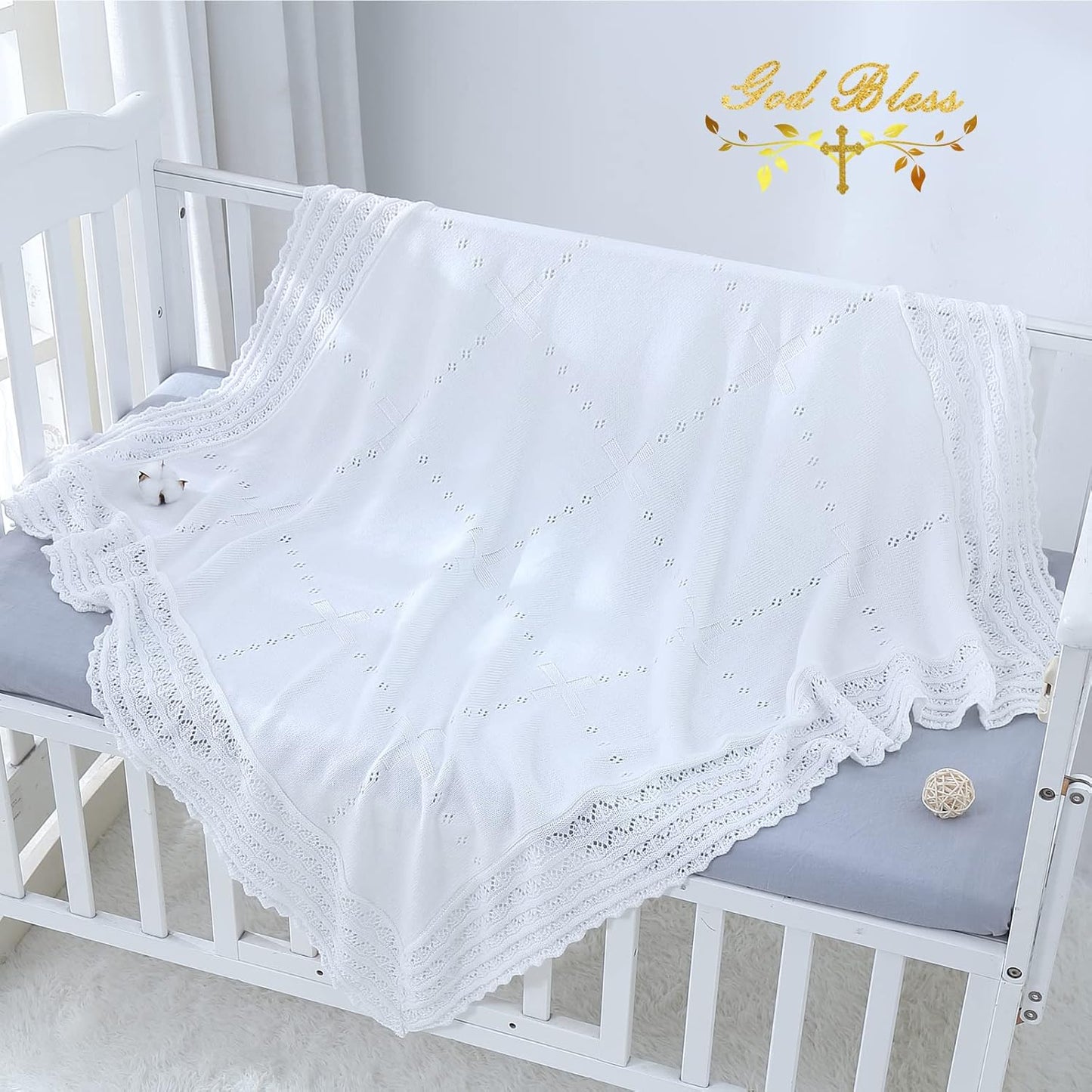 Booulfi Baby Blanket White Receiving Blanket Baptism Christening Towel for Newborn Girls Boys, White Cotton Knit Thermal Baby Blanket Shawl with Cross Pattern, 47”x47”