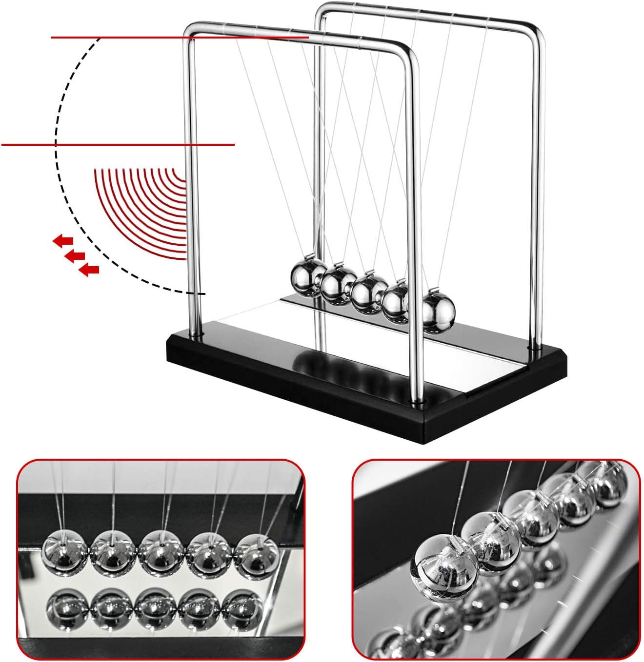Oversized Newton's Cradle, Desk Table Decor Metal Pendulum Ball Newton Ball Physics Science Pendulum Steel Balance Bal l for Office Physics Teacher Toys- with Mirror